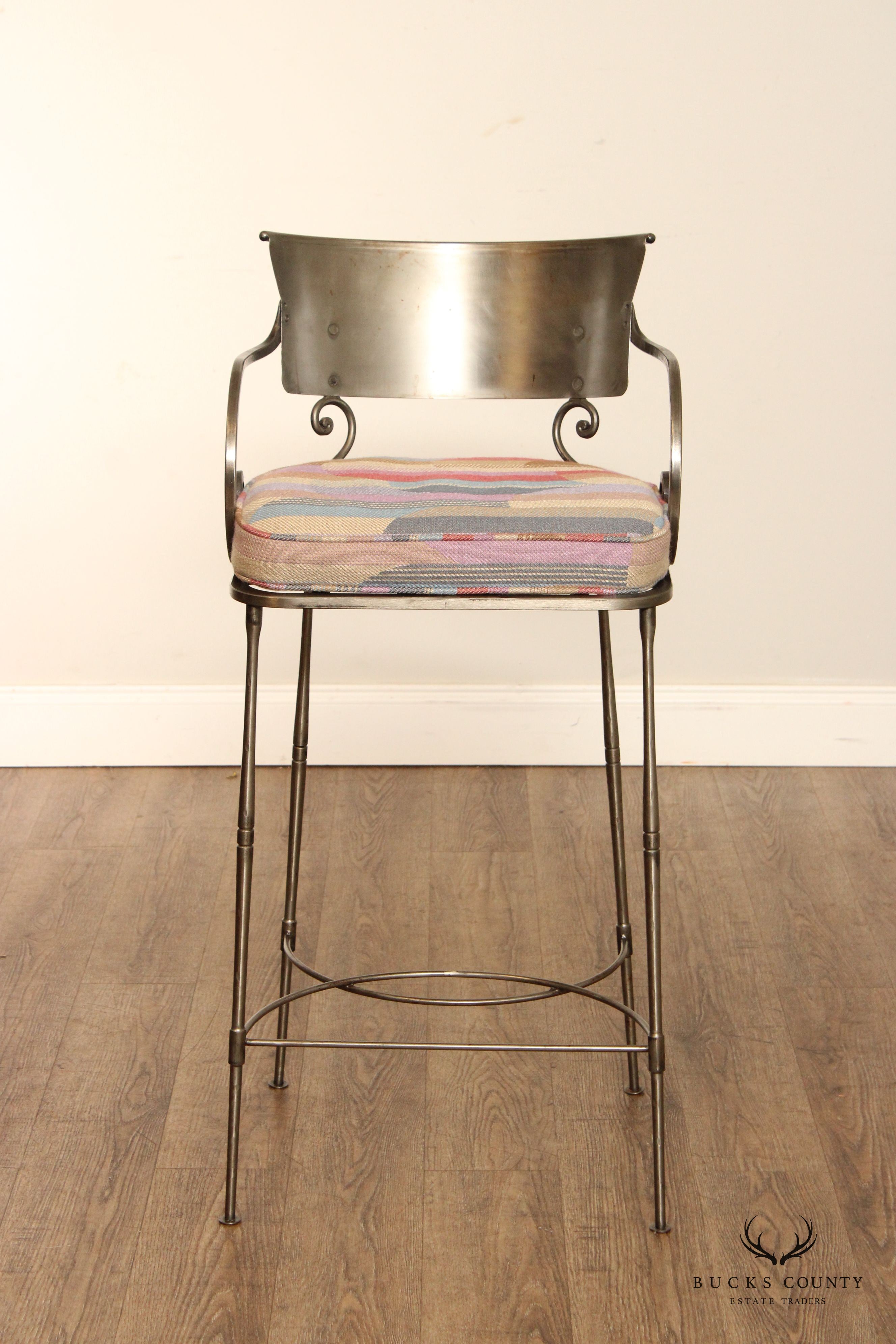 Italian Hollywood Regency Set of Three Steel Bar Stools