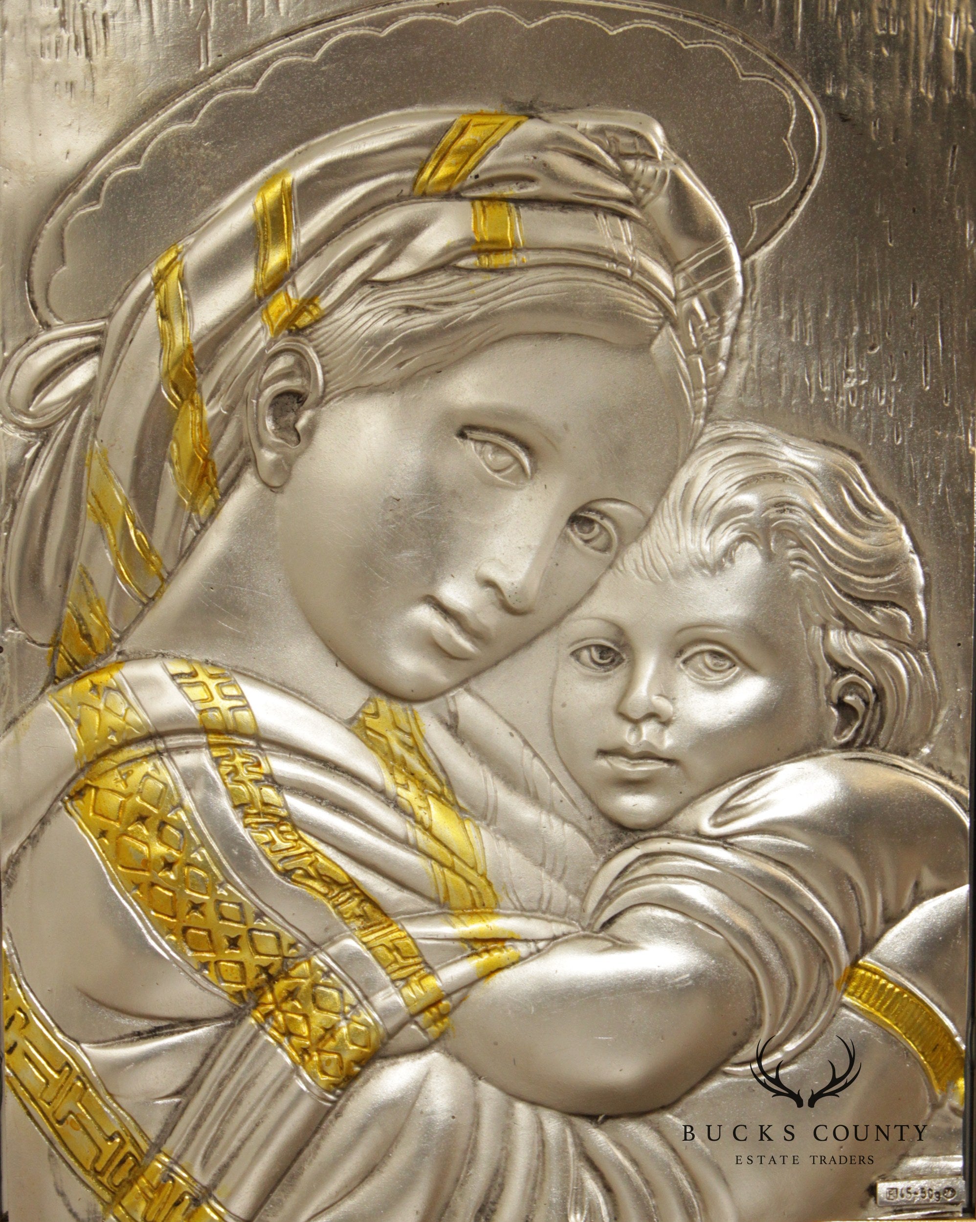 Vintage Italian Madonna  and Child Sterling Silver Art, Framed