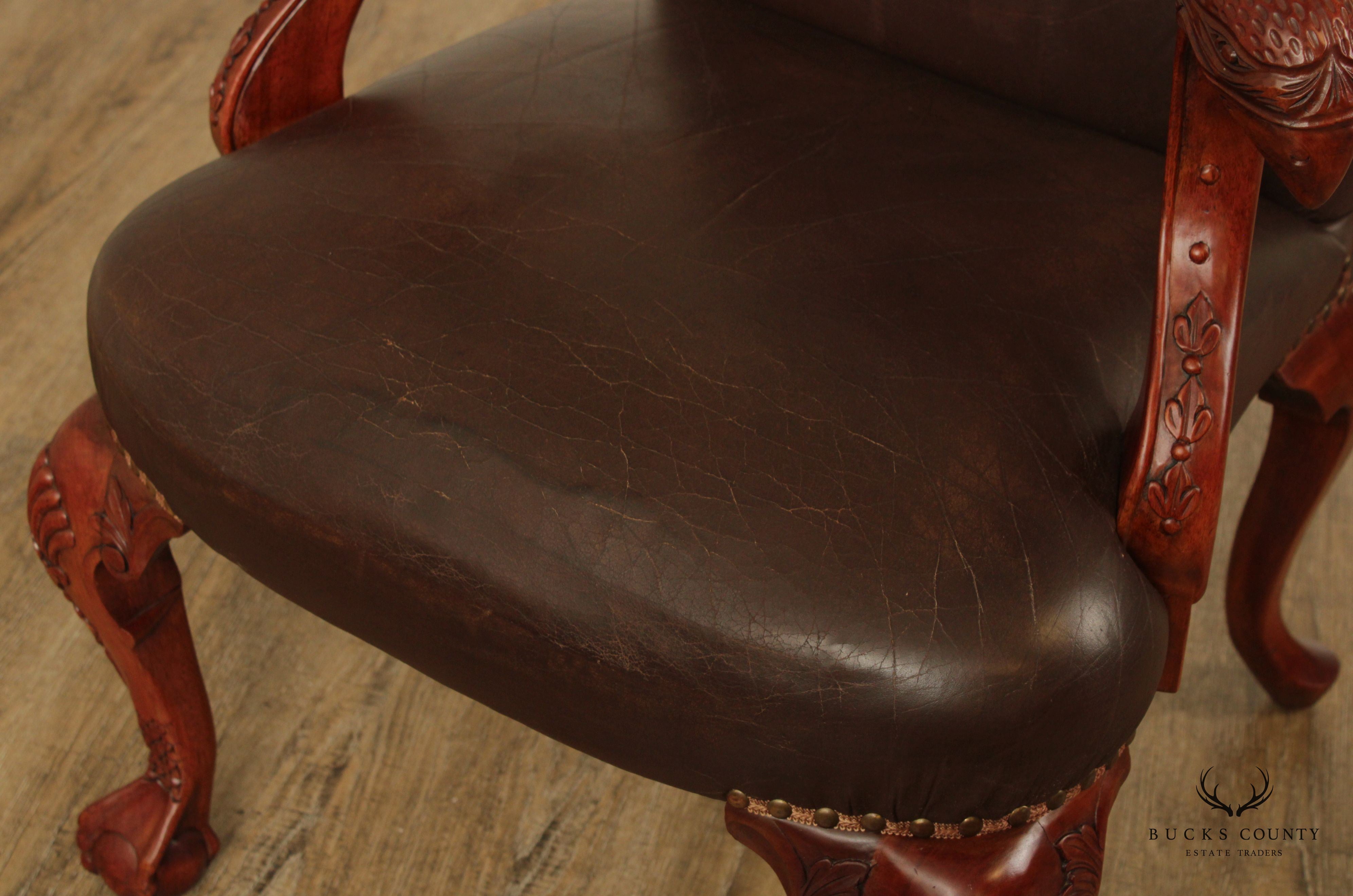 Georgian Chippendale Style Eagle Carved Leather Armchair