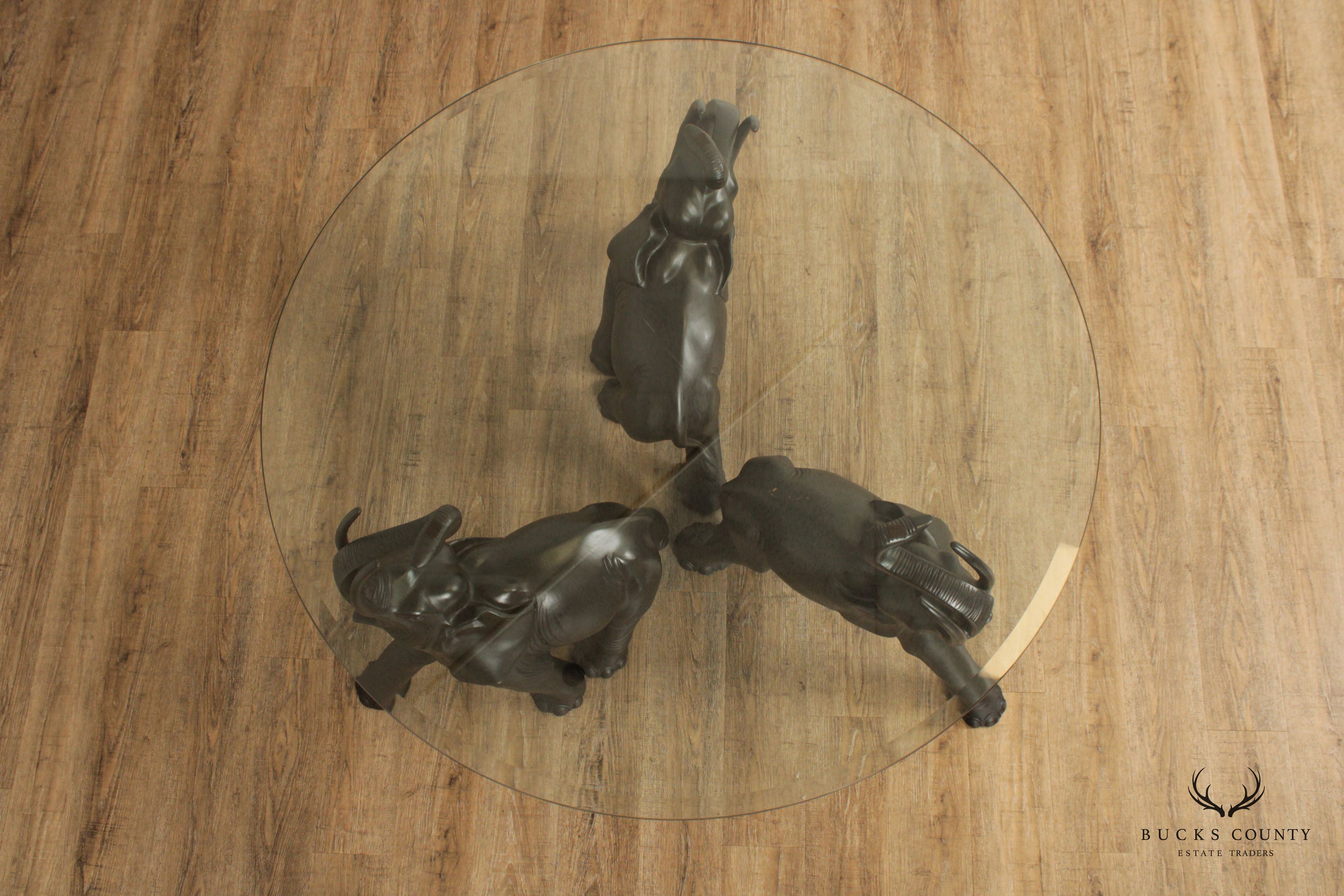 Contemporary Trio of Elephants Brass & Glass Center Table