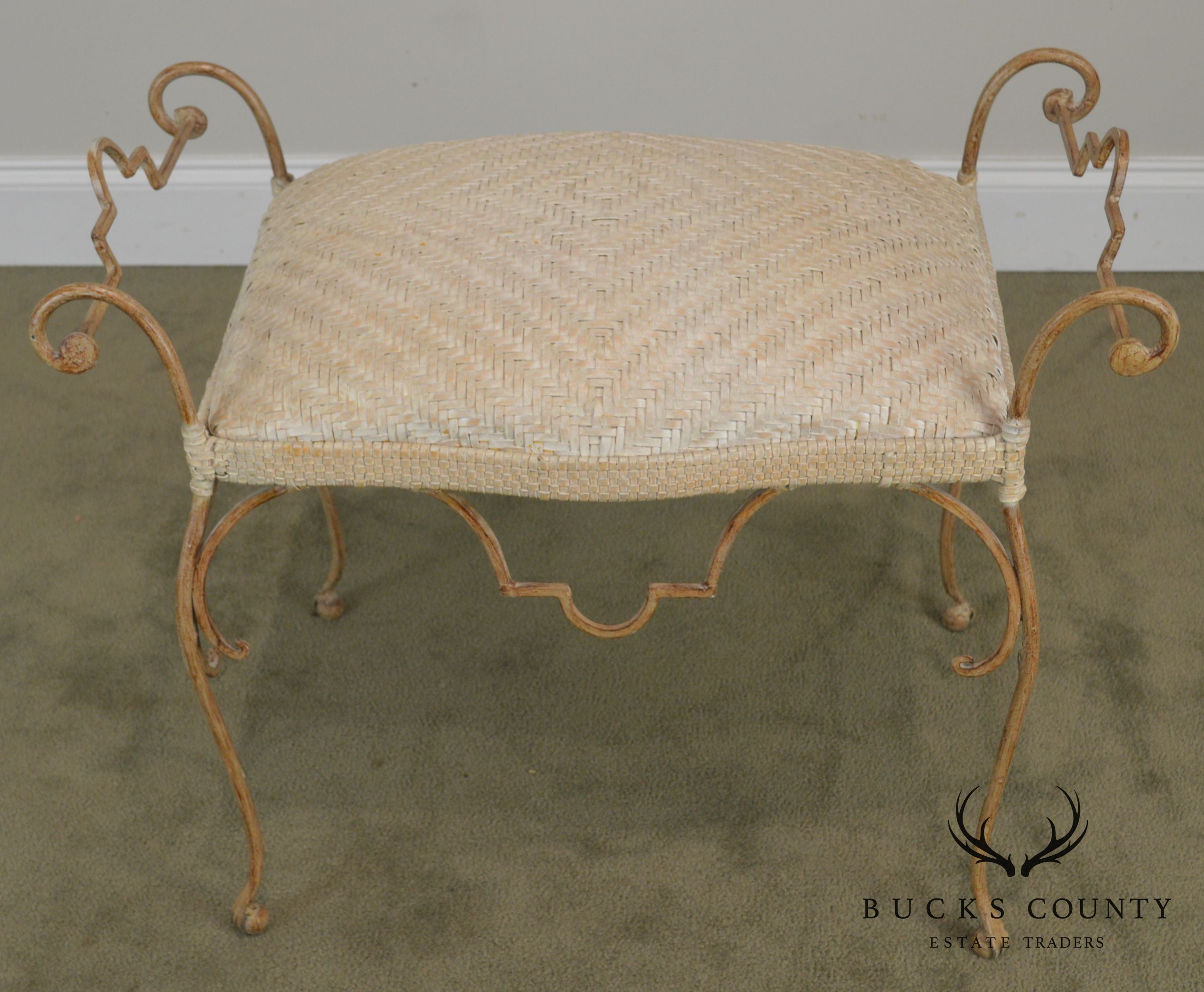 Unusual Woven Leather Seat Wrought Iron Vanity Bench