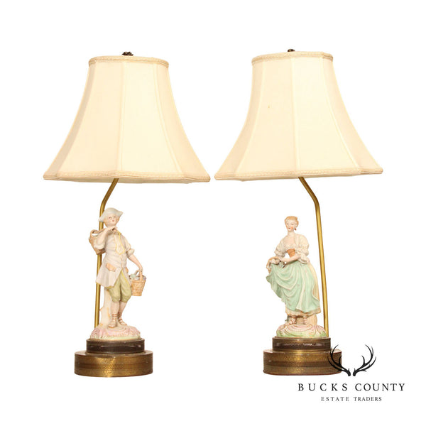 Vintage Rococo Style Pair Porcelain Figurine Table Lamps