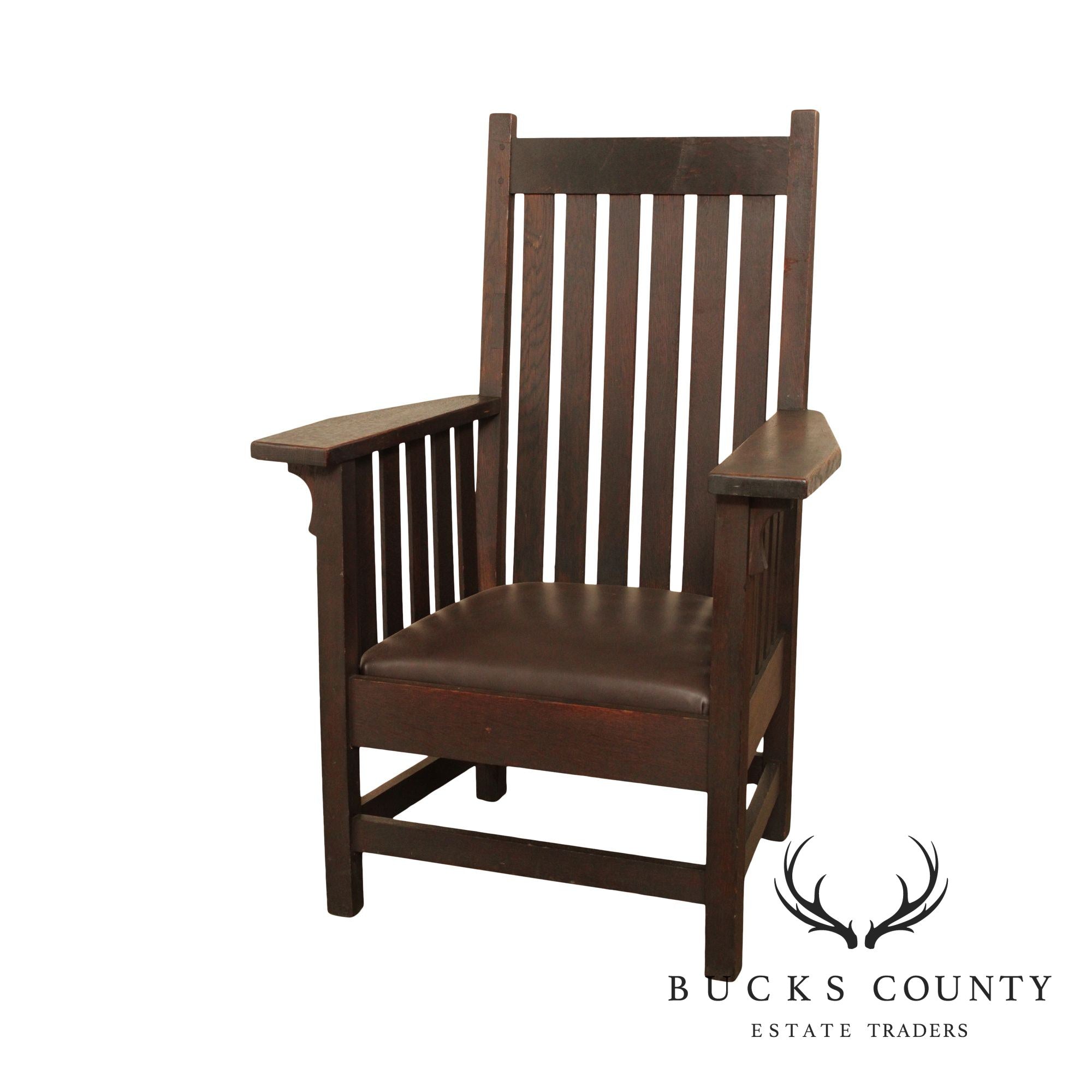 Antique Mission Oak & Leather High Back Armchair