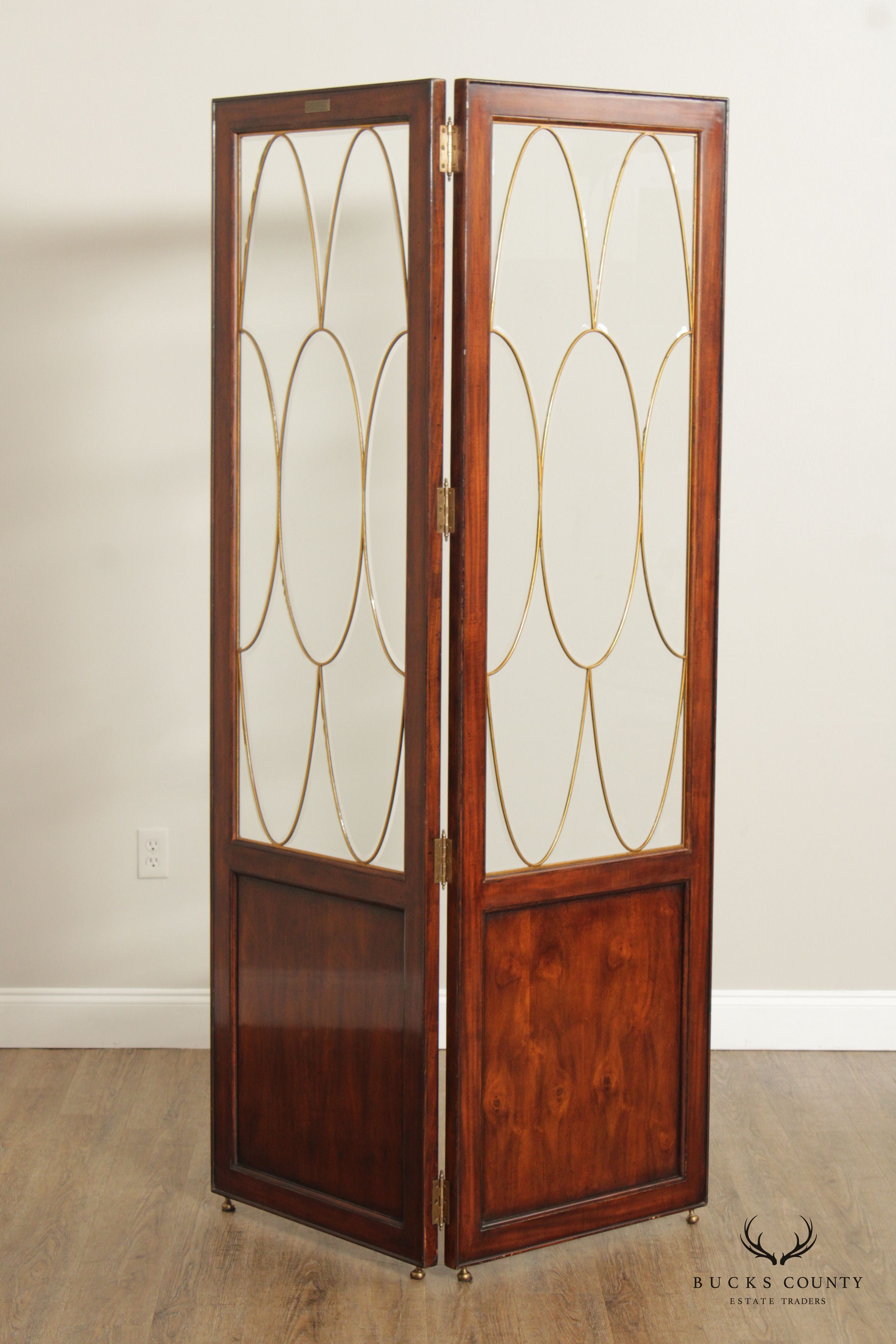 Theodore Alexander Mahogany and Glass Two Panel Room Divider