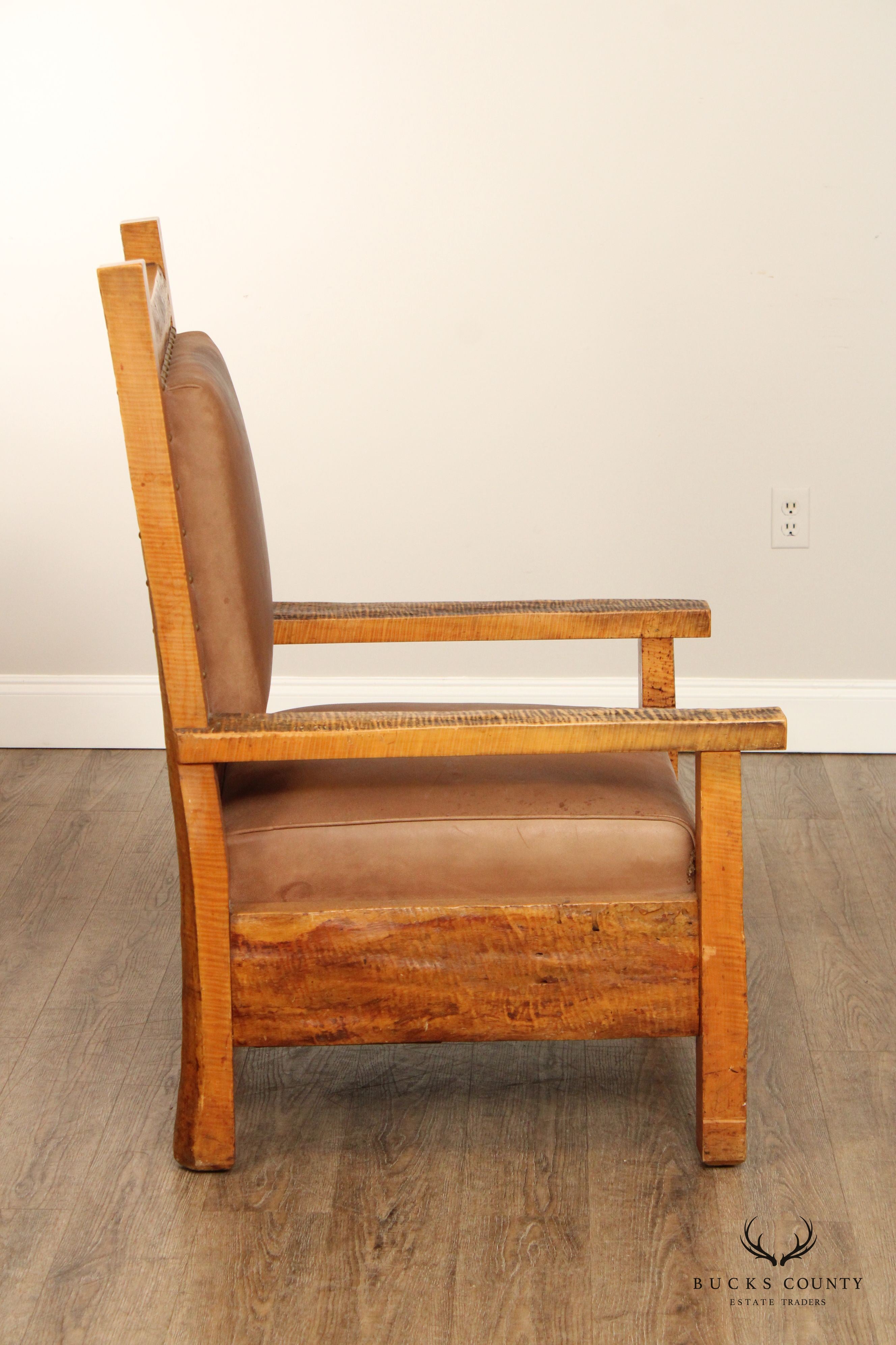 ANTIQUE ADIRONDACK MISSION STYLE TIGER MAPLE ARMCHAIR