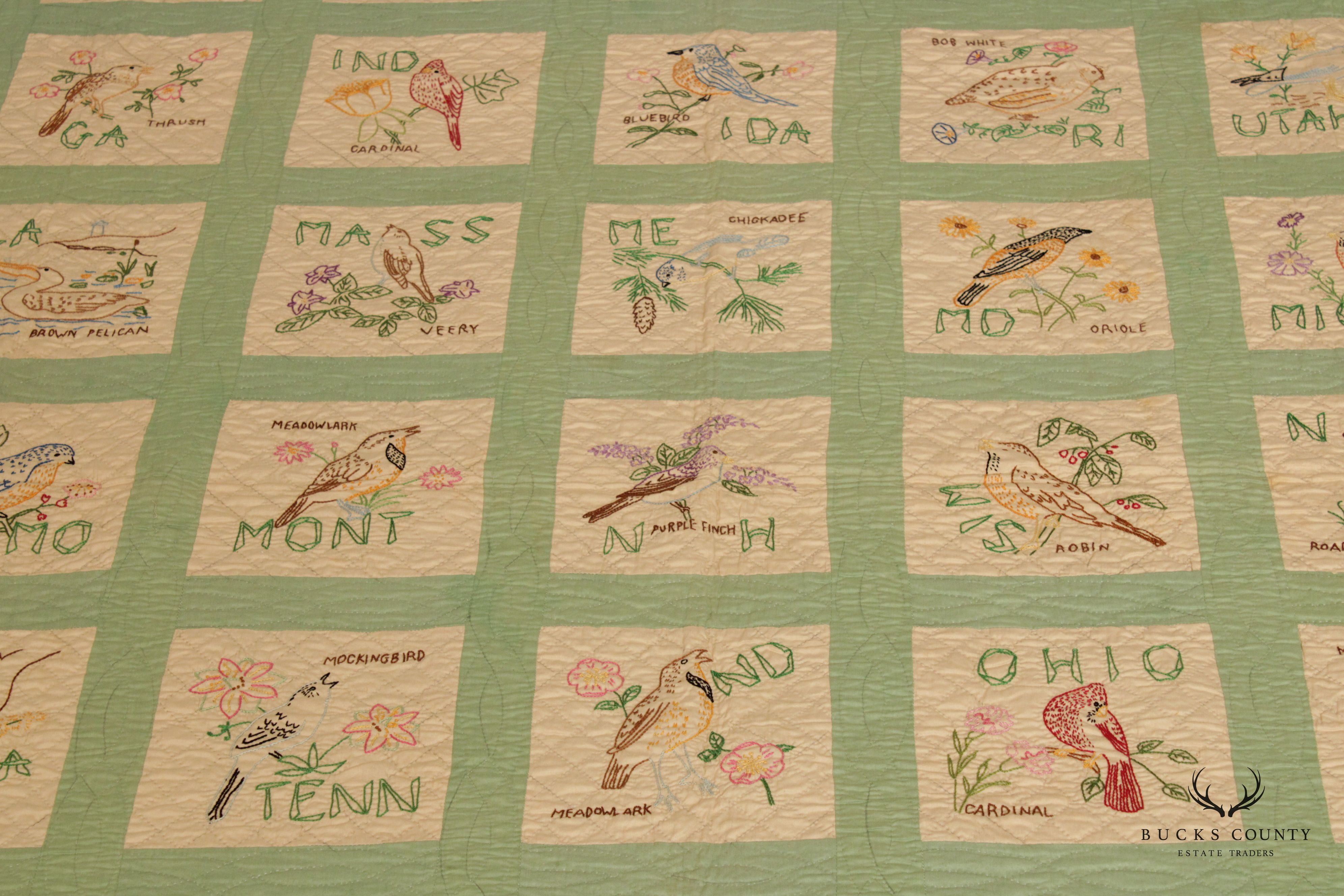 Vintage State Bird Embroidered Picture Quilt