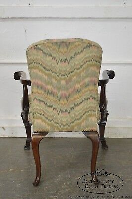 1940s Georgian Style Carved Mahogany Flame Stitch Library Arm Chair