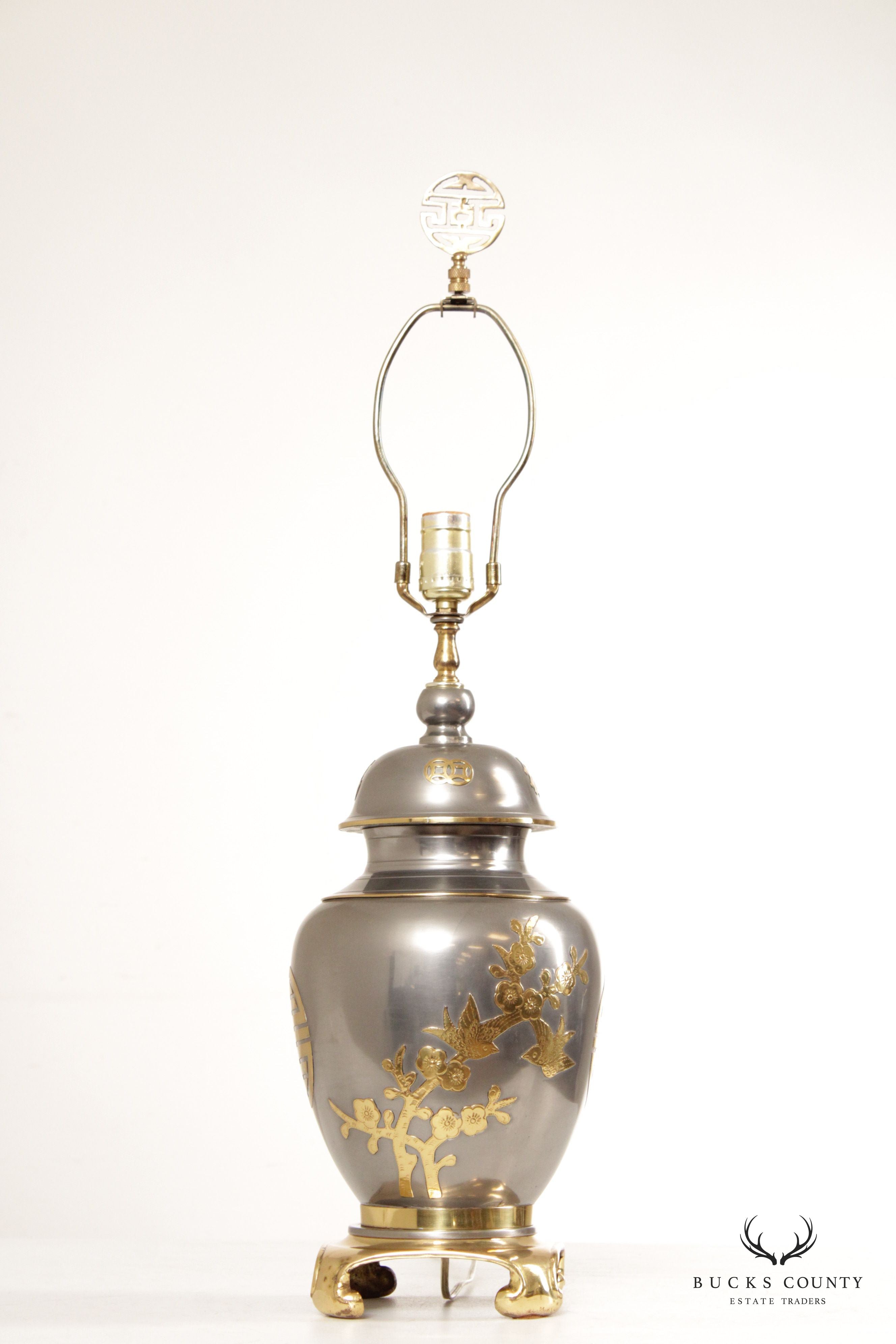 Asian Style Brass and Pewter Ginger Jar Table Lamp