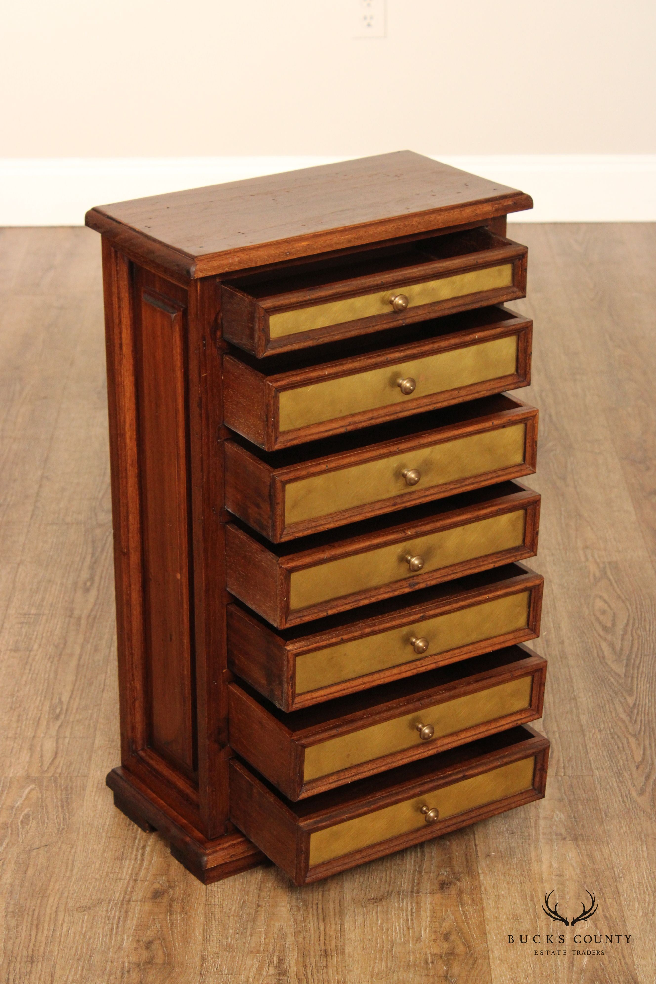 Vintage Italian Walnut And Brass Seven Drawer Accent Chest