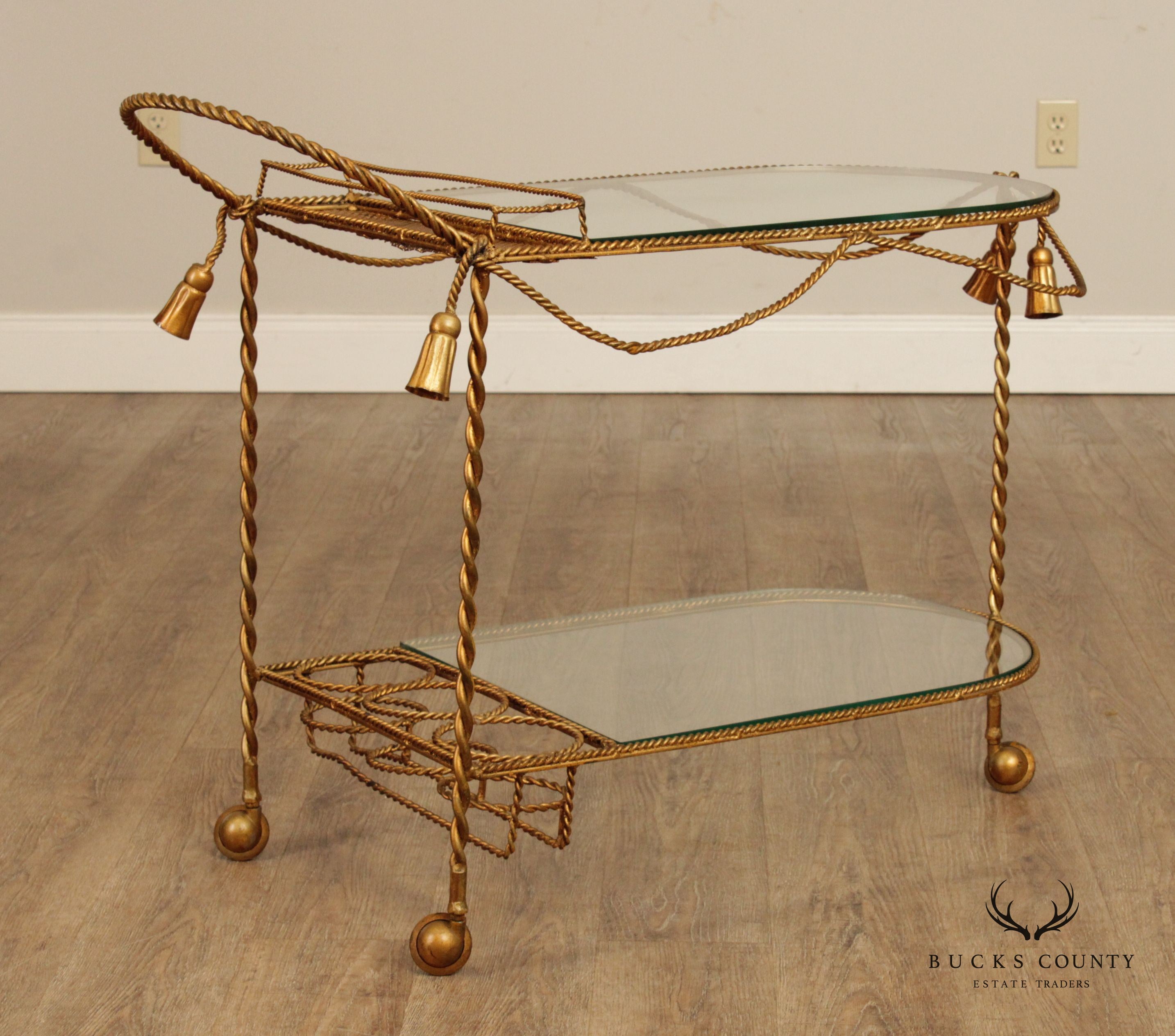 Italian Hollywood Regency Gilt Metal Tassel Bar Cart