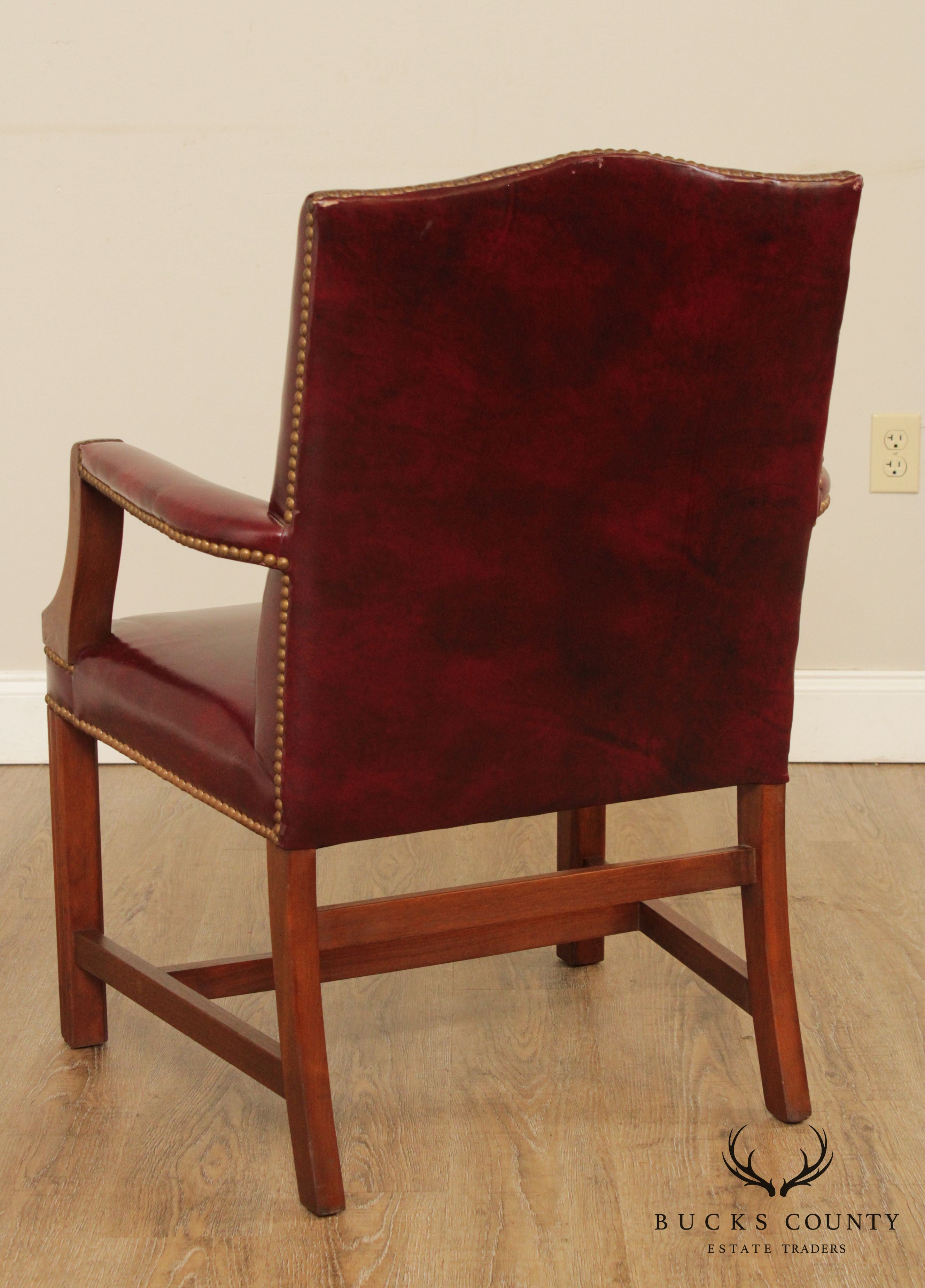 Chippendale Style Pair Mahogany Oxblood Leather Library Armchairs