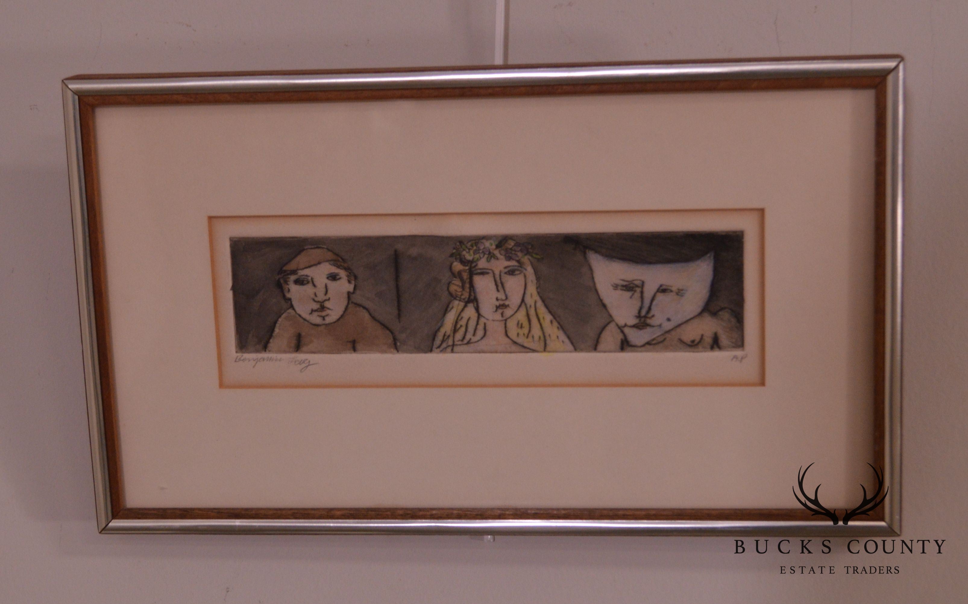 Benjamin Levy Mid Century Modern Framed Etching "Bride & Groom"