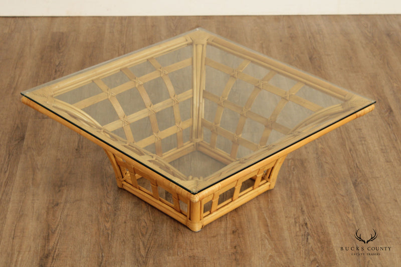 1970's Modern Rattan Glass Top Square Coffee Table