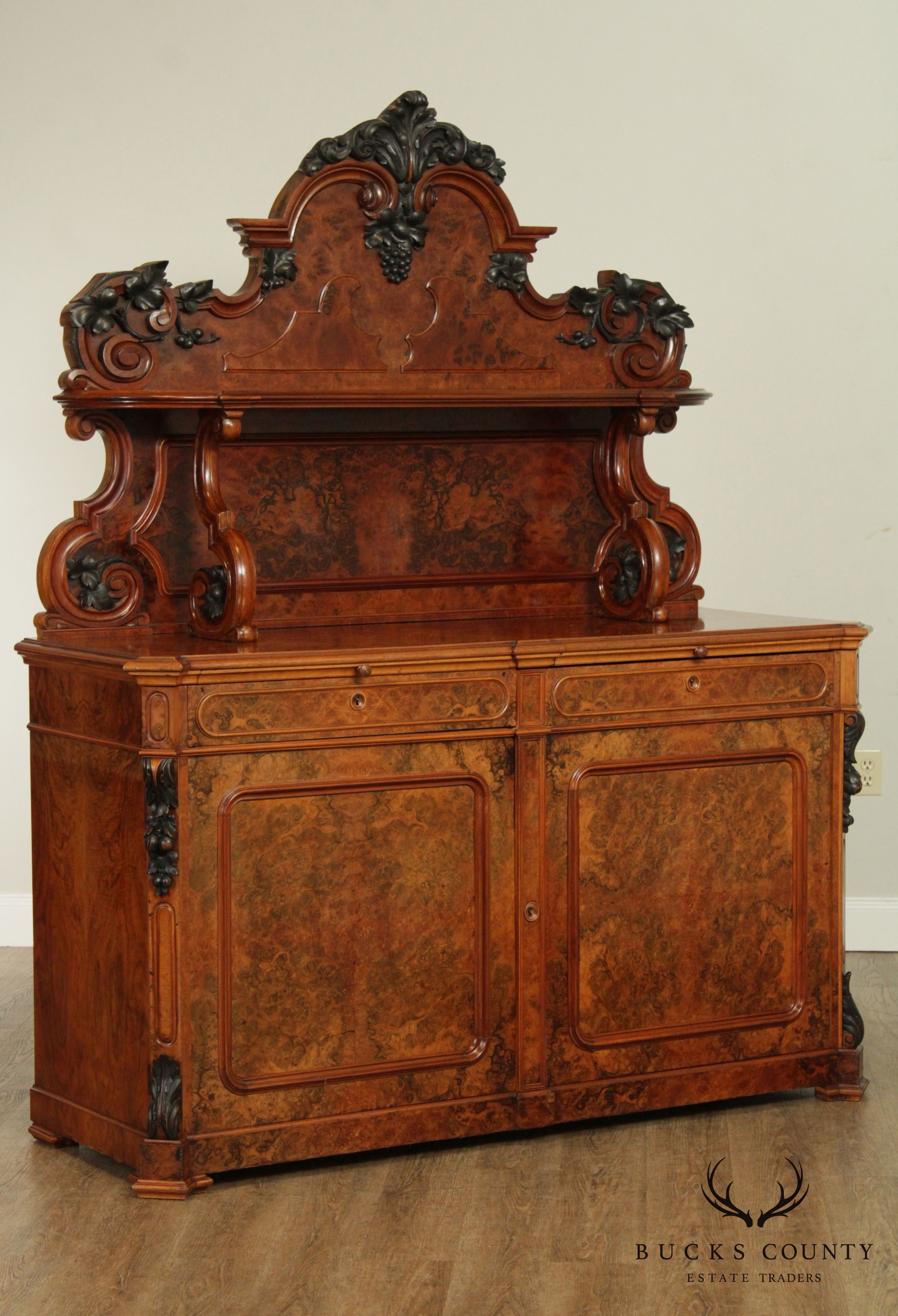 Renaissance Revival Antique Burlwood Grape Carved Sideboard