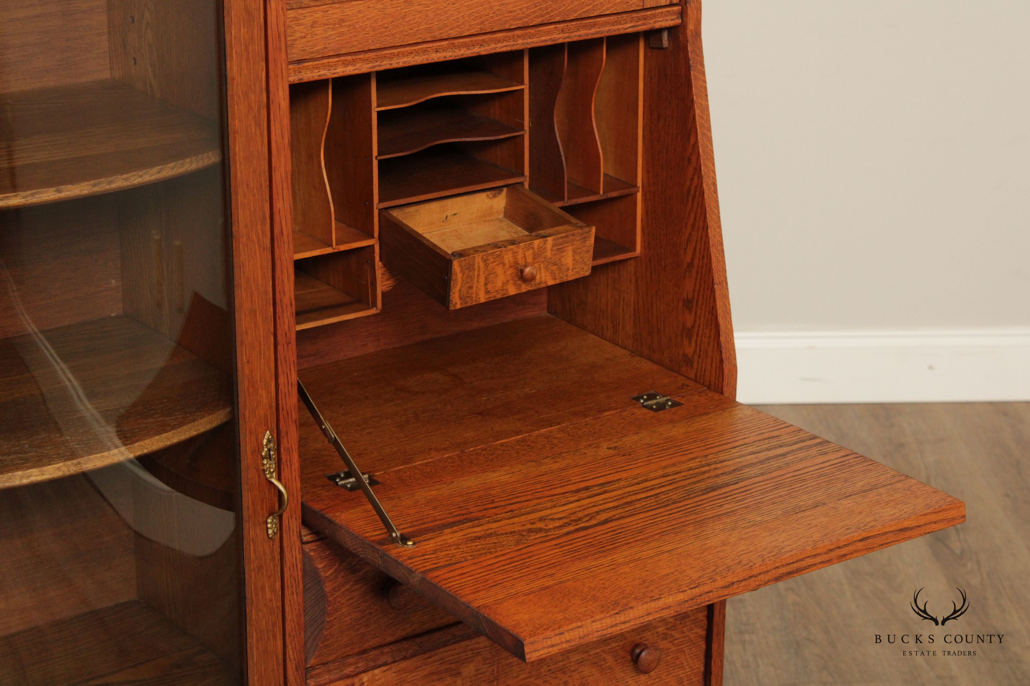 Antique Victorian Oak Side by Side Secretary Desk Curio Cabinet