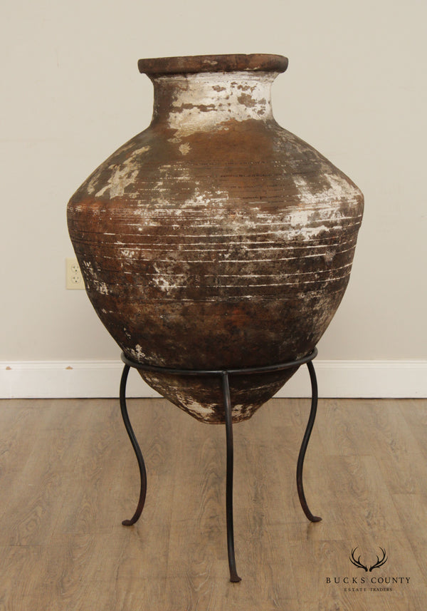 Antique Mediterranean Large Terra Cotta Amphora Floor Vase on Stand