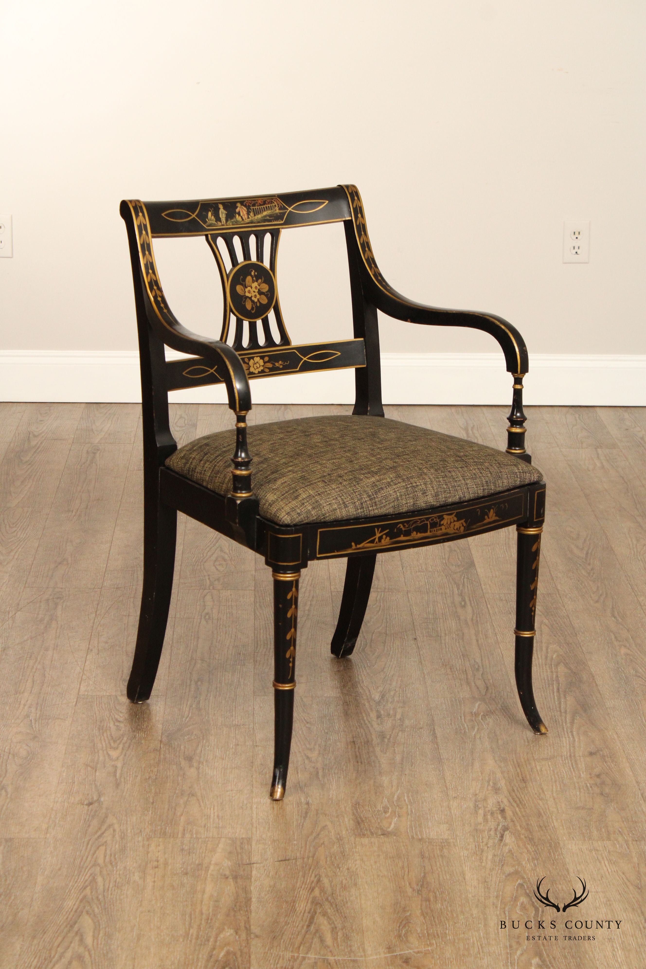 MID CENTURY CHINOISERIE REGENCY STYLE EBONIZED ARMCHAIR