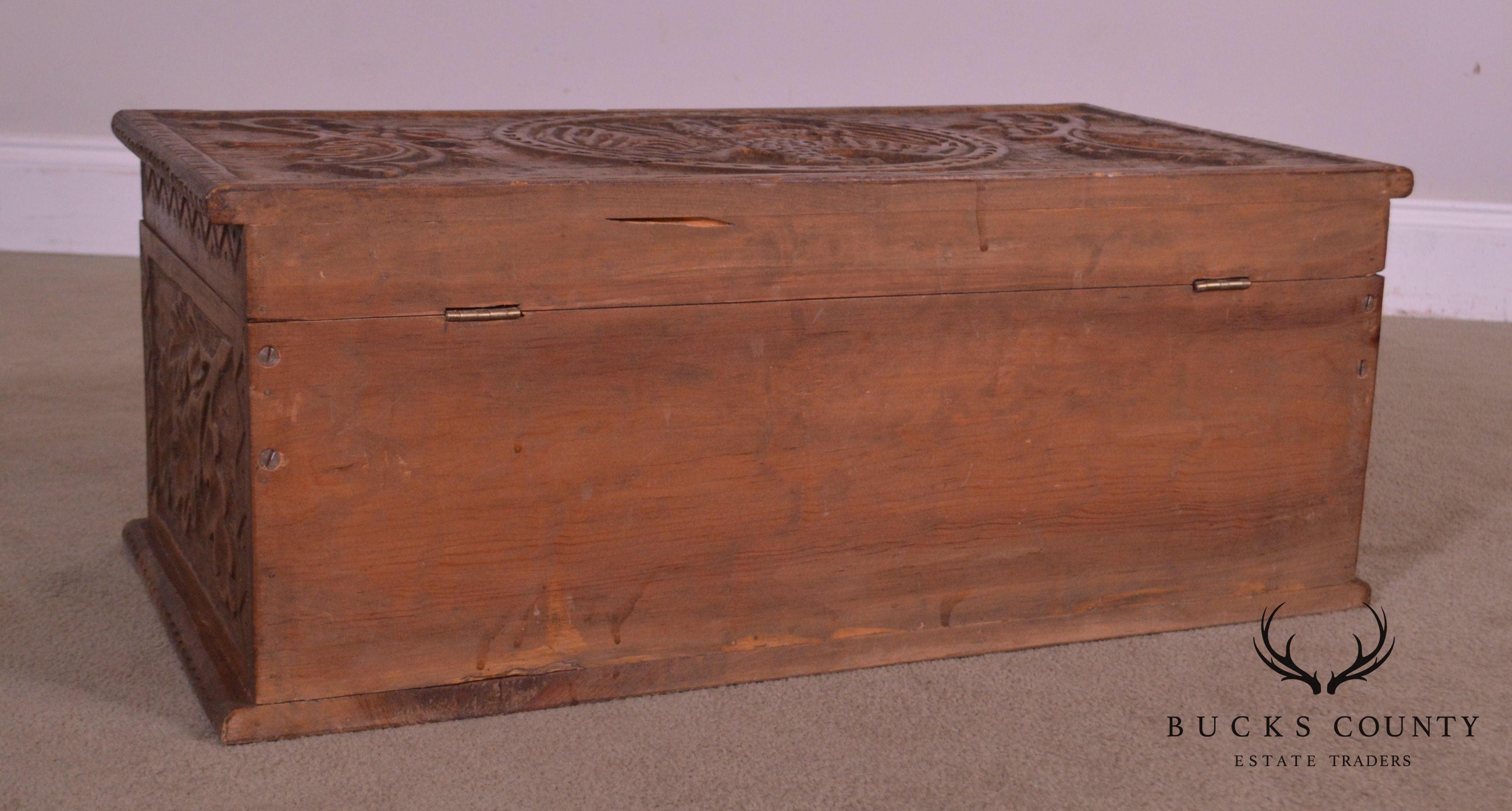 Antique Hand Carved Wood Chest with Eagle