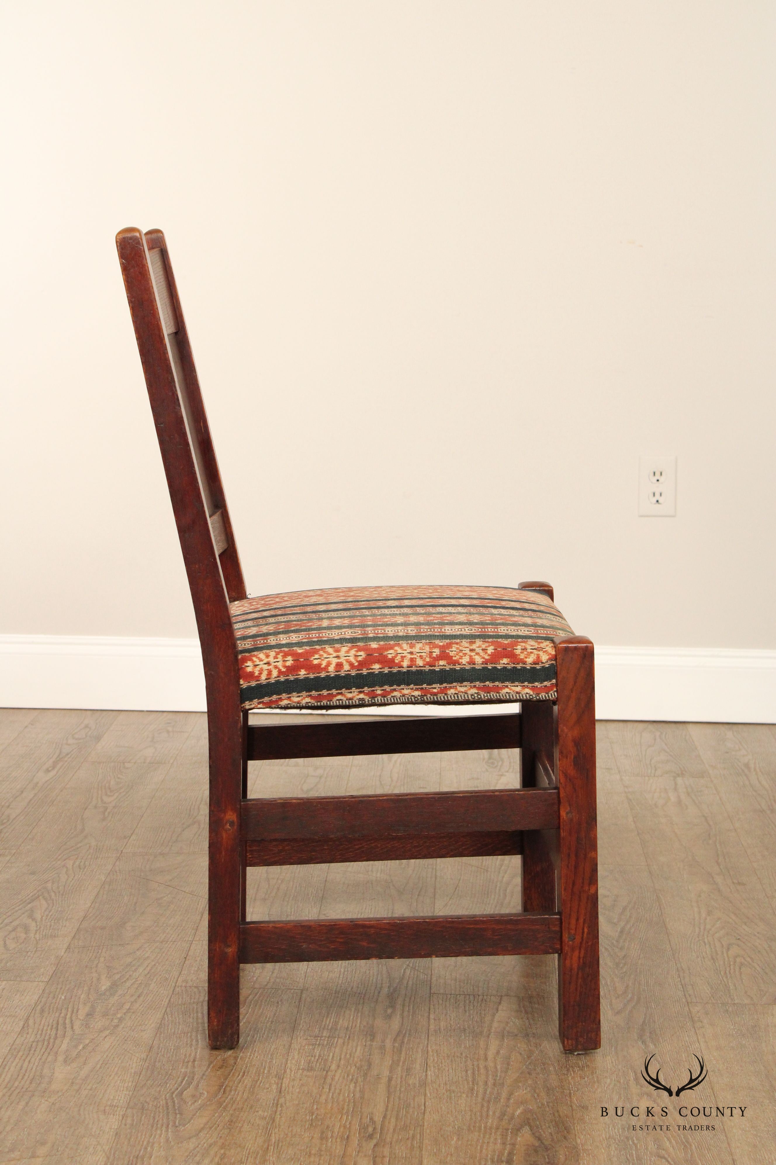 GUSTAV STICKLEY ANTIQUE MISSION PAIR OAK V BACK SIDE CHAIRS