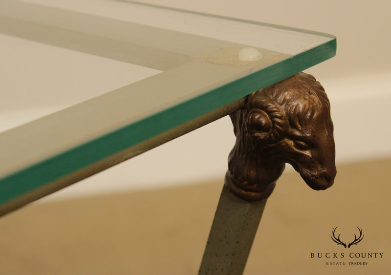Directoire Style Vintage Steel, Brass Hoof Foot Glass Top Side Table