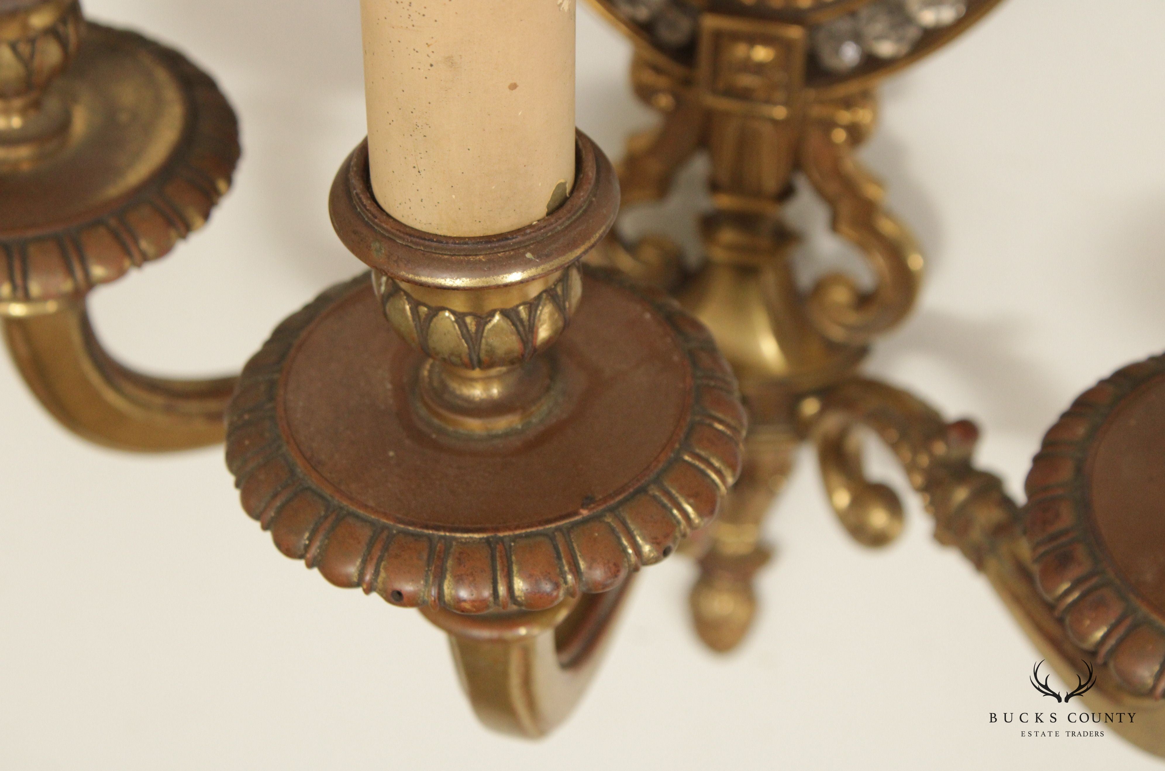 Antique Neoclassical Style Pair Brass Candelabra Wall Lamp Sconces