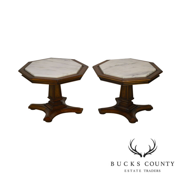 Weiman Hollywood Regency Vintage Pair Octagonal Marble Top Low Pedestal Side Tables