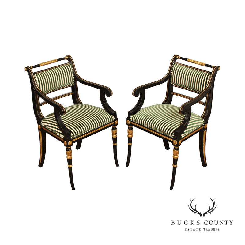 Regency Style Pair of Ebonized Frame Armchairs