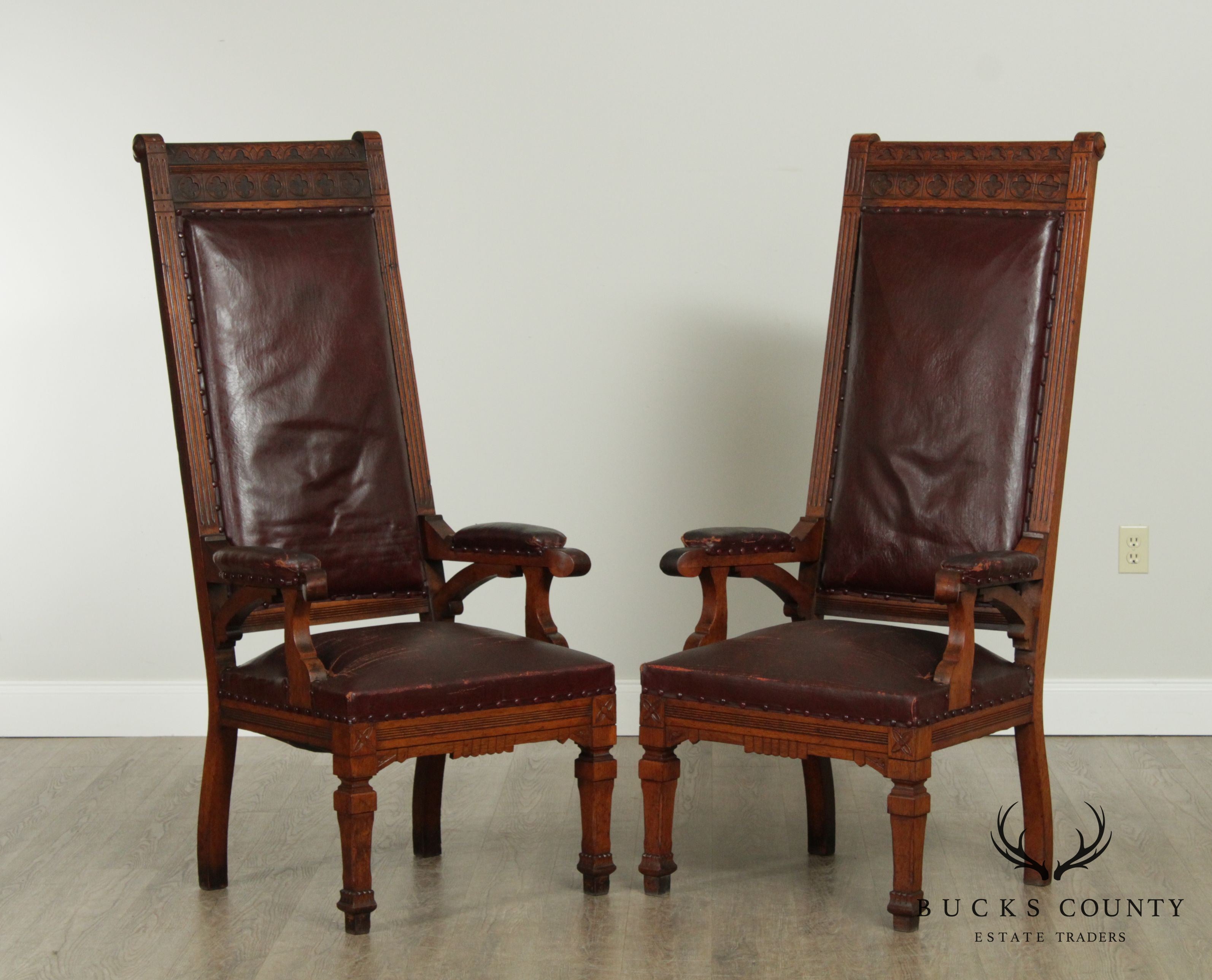 Antique Victorian Oak Pair High Back Masonic Armchairs