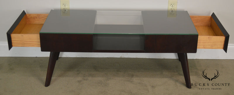 Mid Century Modern Vintage Mahogany 2 Drawer Glass Top Coffee Table