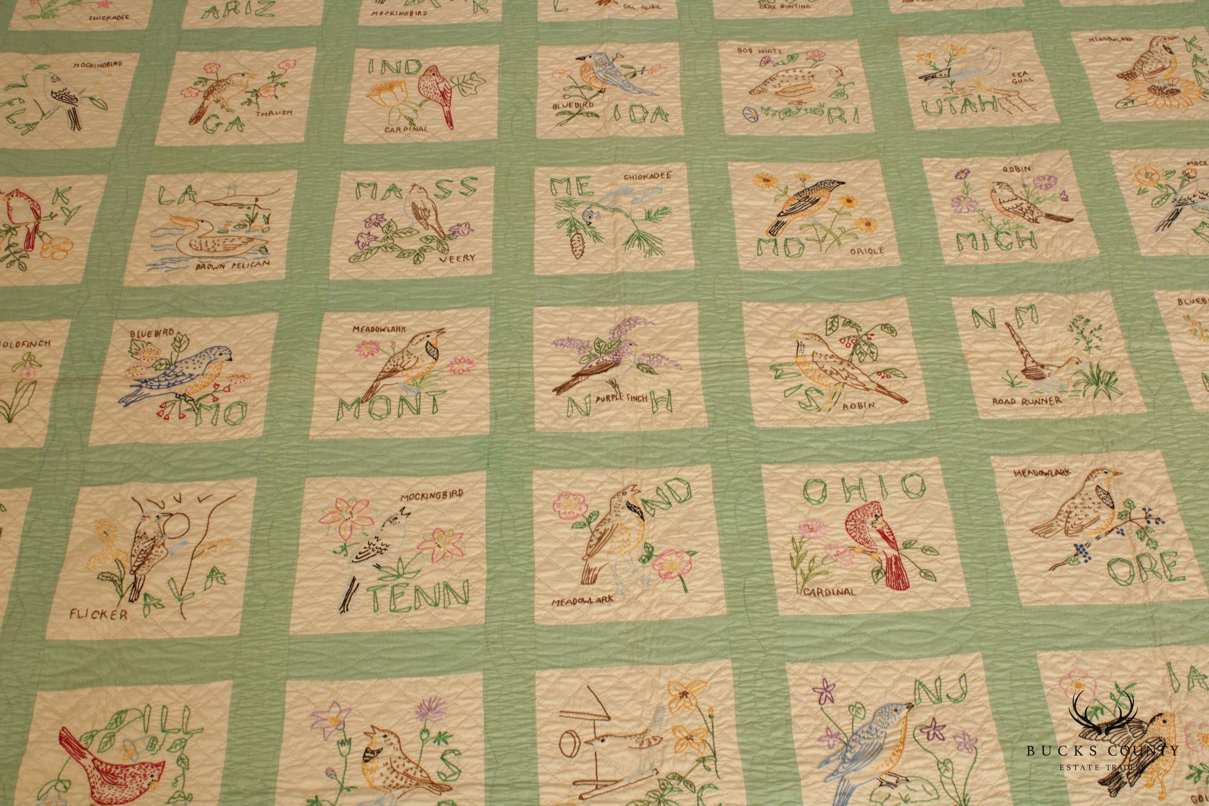 Vintage State Bird Embroidered Picture Quilt