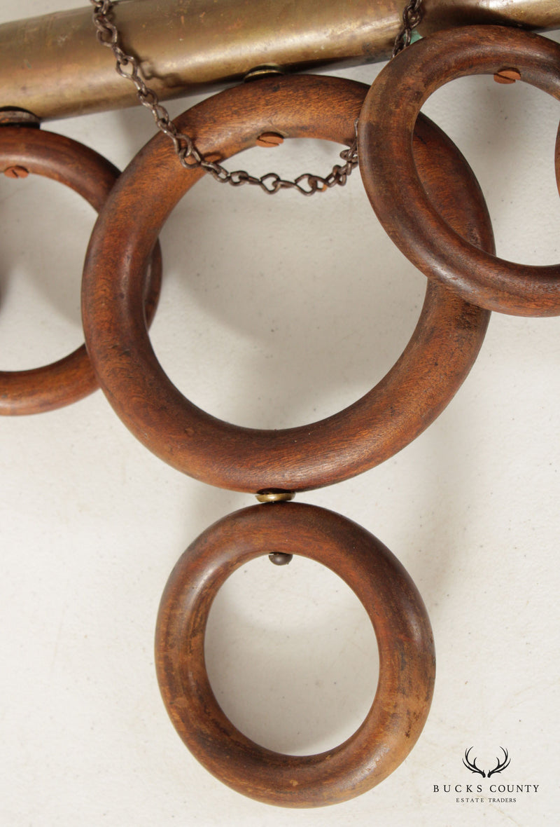 Antique Victorian Wood Rings and Brass Hanging Towel Rack