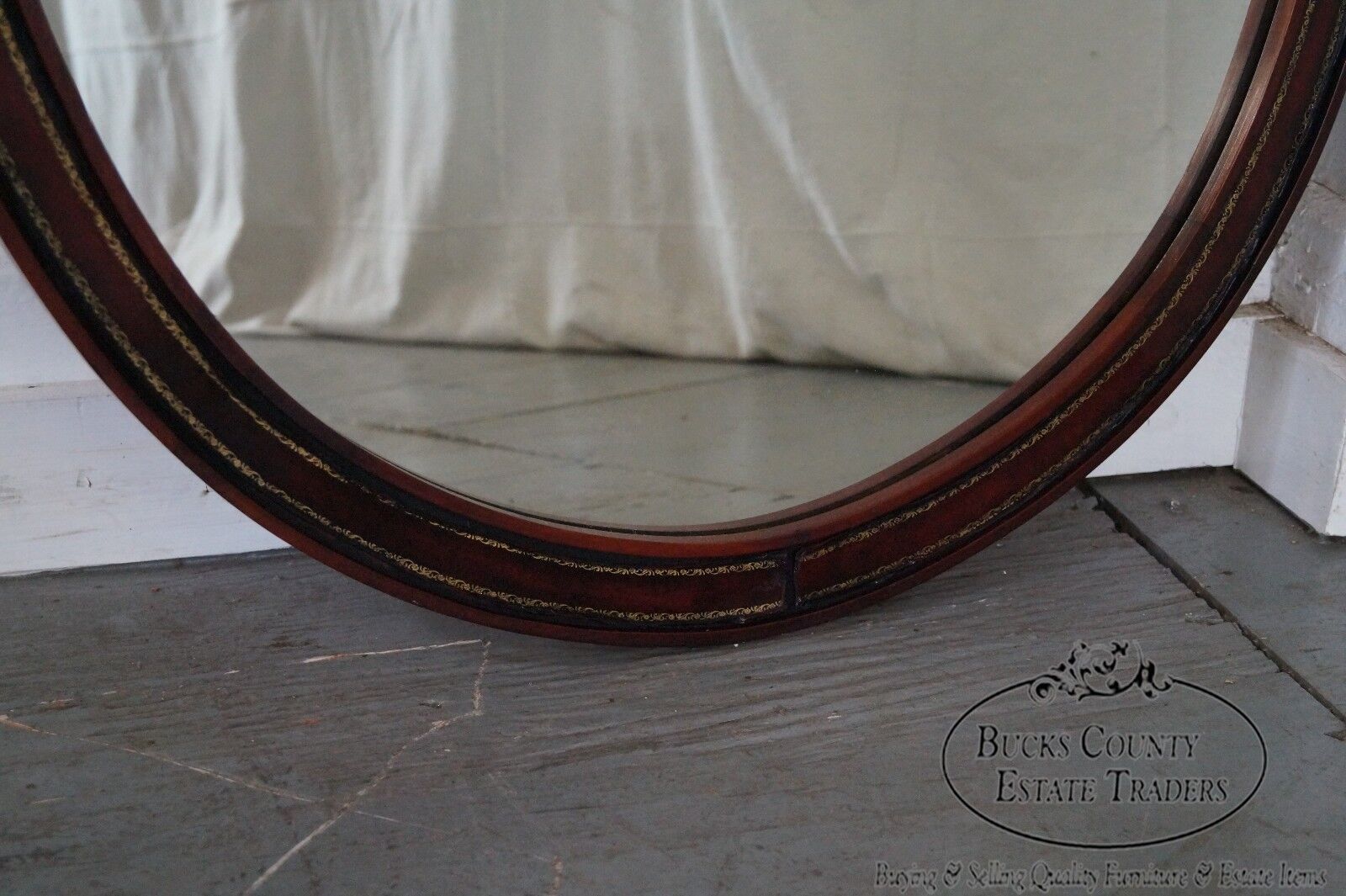 Carved Mahogany & Tooled Leather Oval Wall Mirror circa 1950s