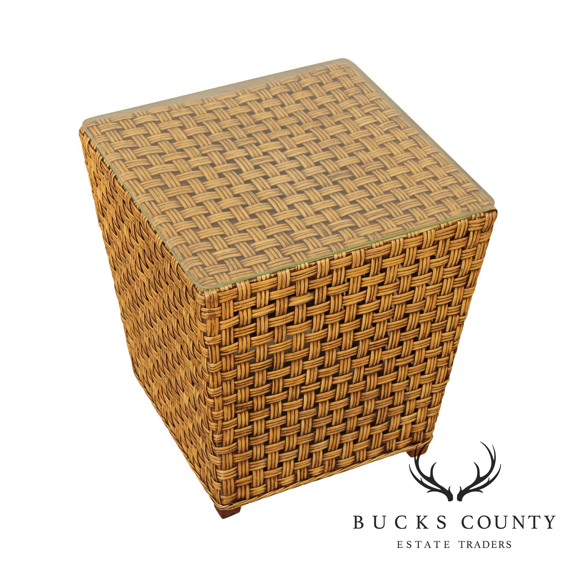 Vintage Woven Wicker Square Glass Top Side Table