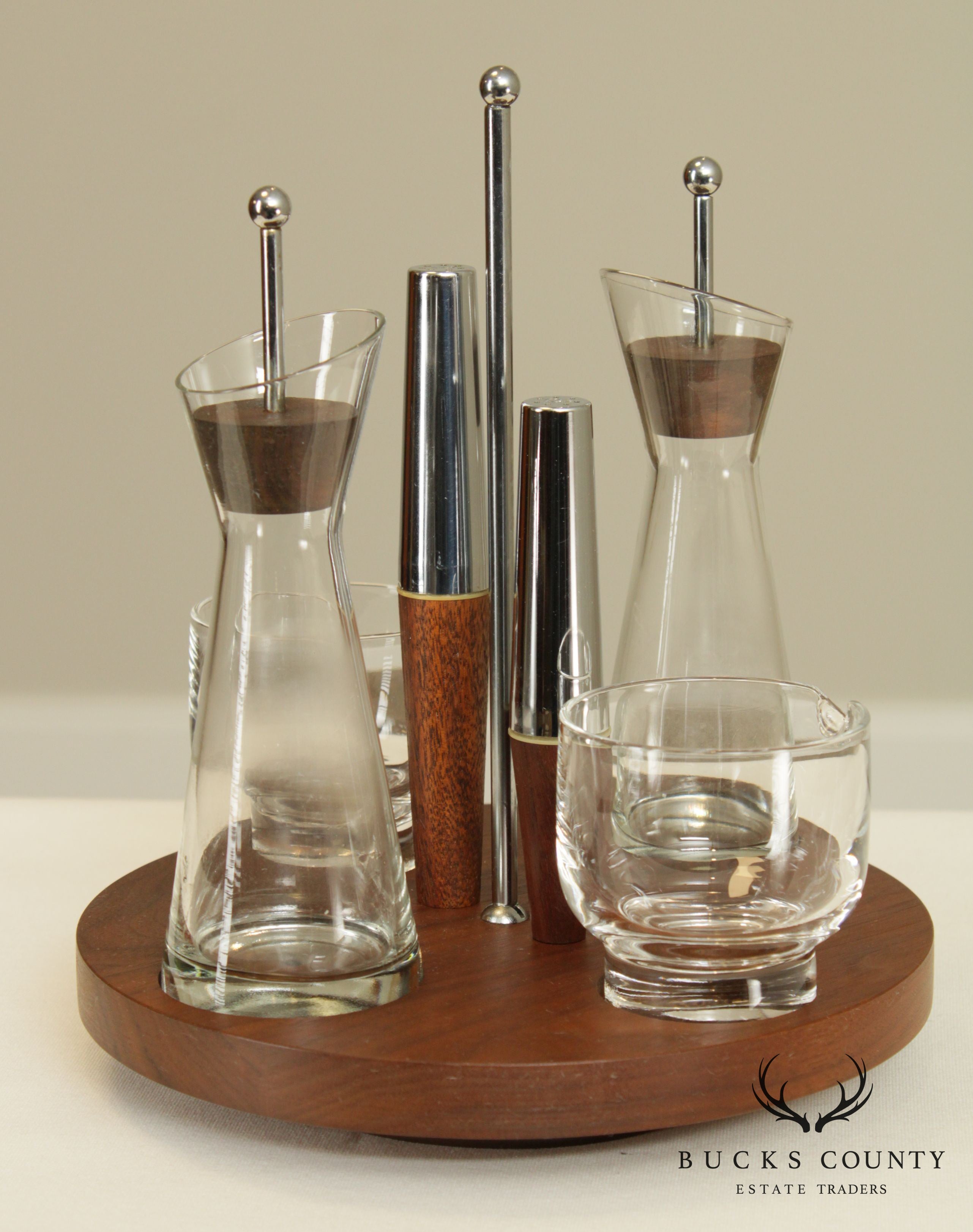 Mid Century Modern Walnut, Steel and Glass Condiment Set on Revolving Base