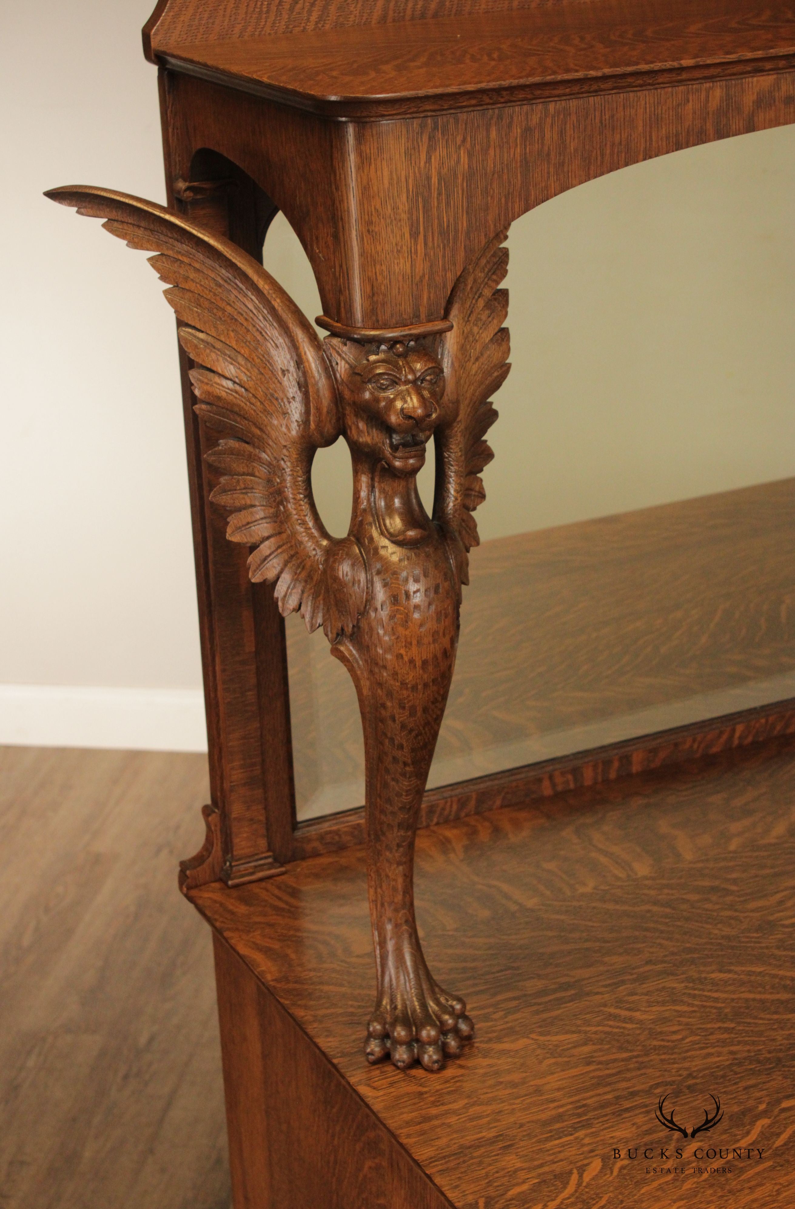 Antique Victorian Winged Griffin Carved Oak Sideboard Buffet