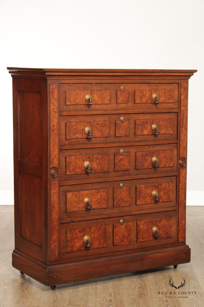 Antique Victorian Walnut and Burl Tall Chest of Drawers