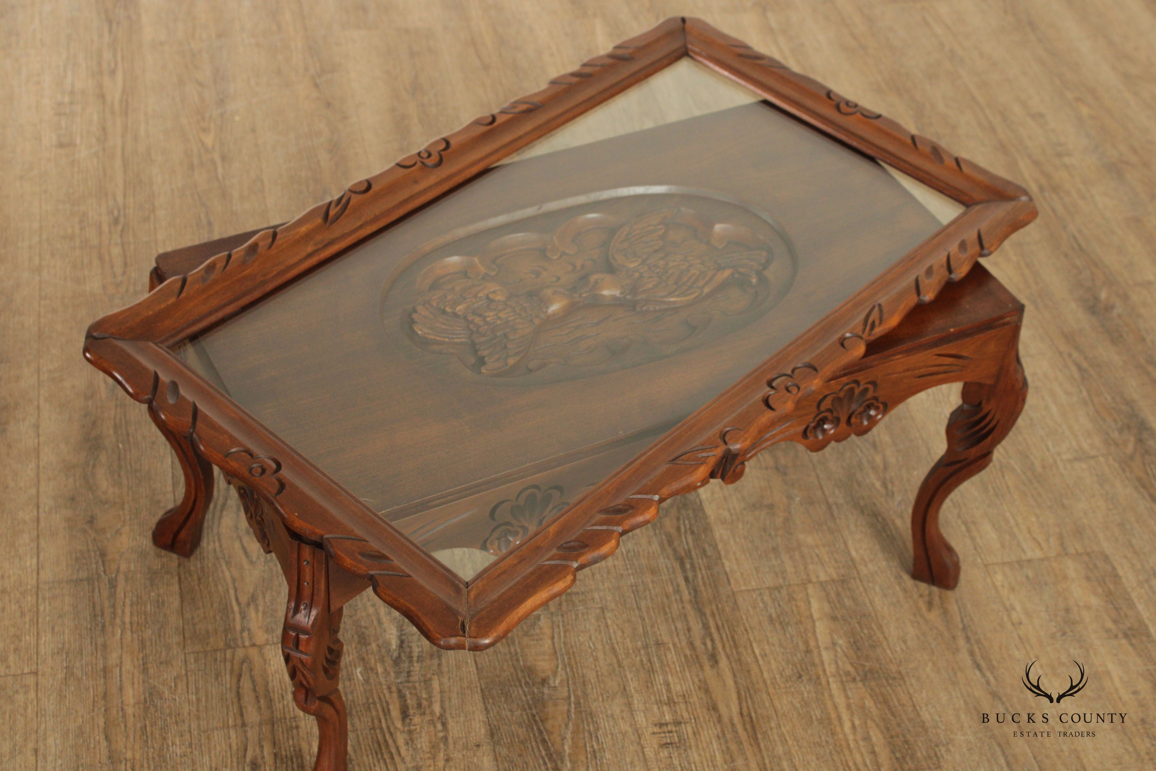 French Style Vintage Glass Top Carved Walnut Coffee Tray Table