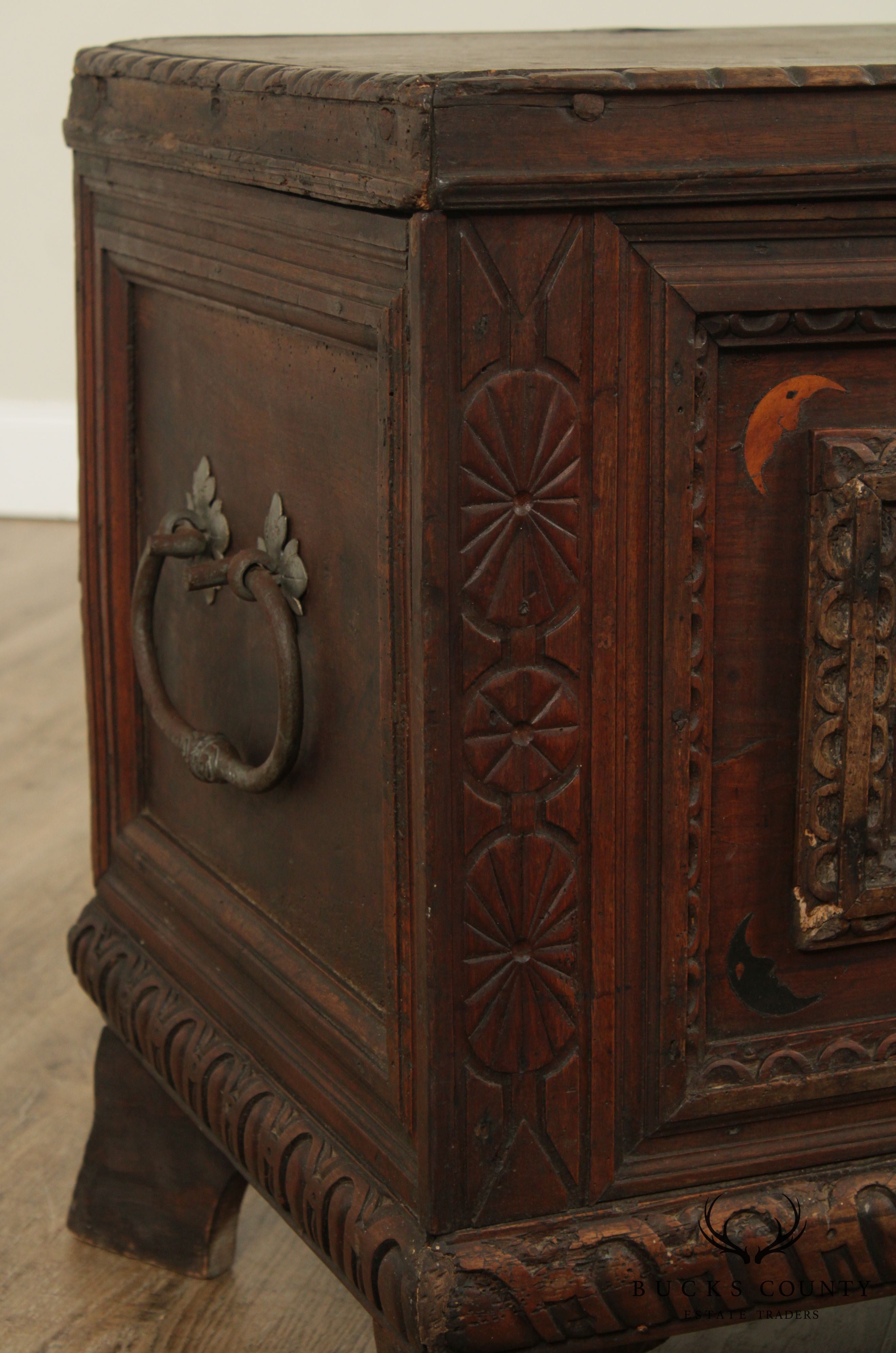 Antique Italian Renaissance Walnut Inlaid Cassone Chest