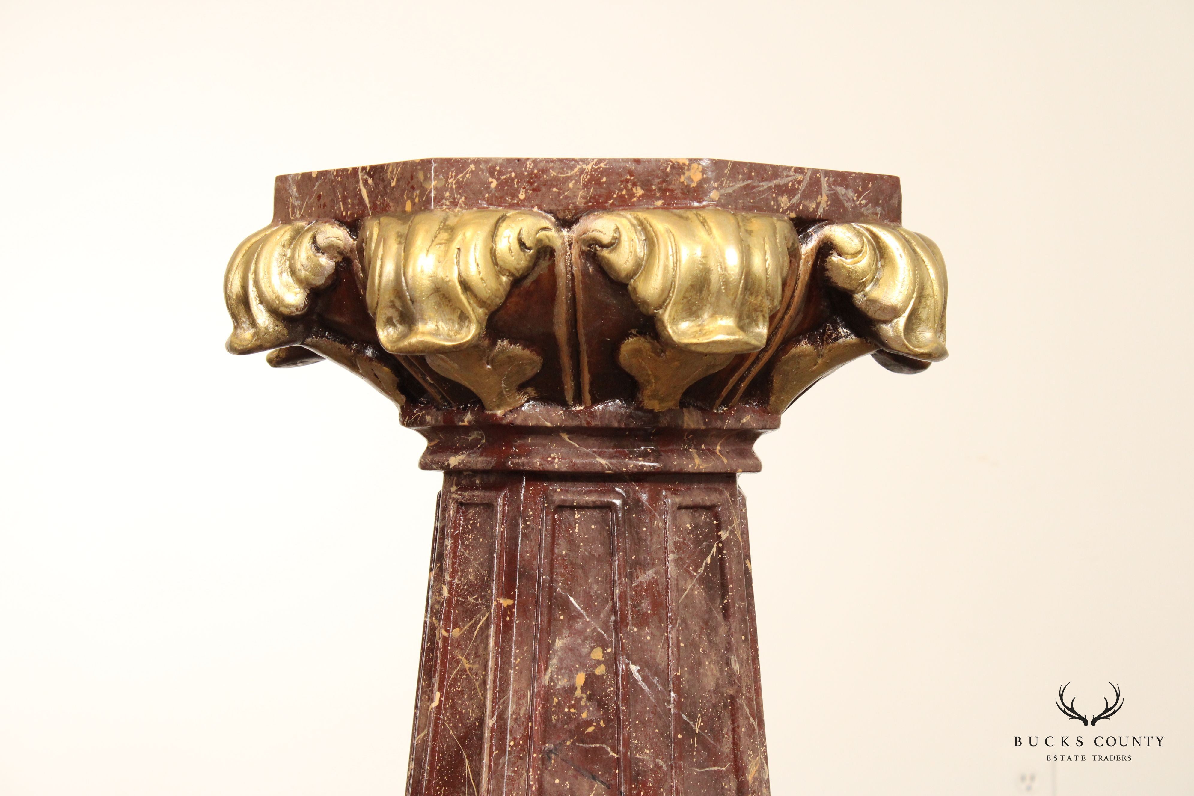 Neoclassical Style Partial Gilt Faux Marble Painted Pair of Column Pedestals