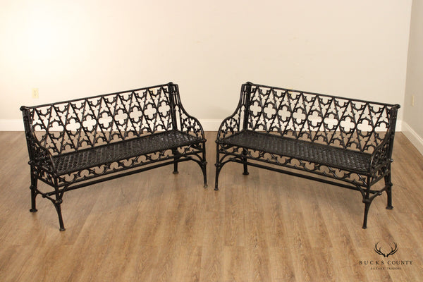 Gothic Revival Style Quality Pair of Cast Iron Outdoor Garden Benches