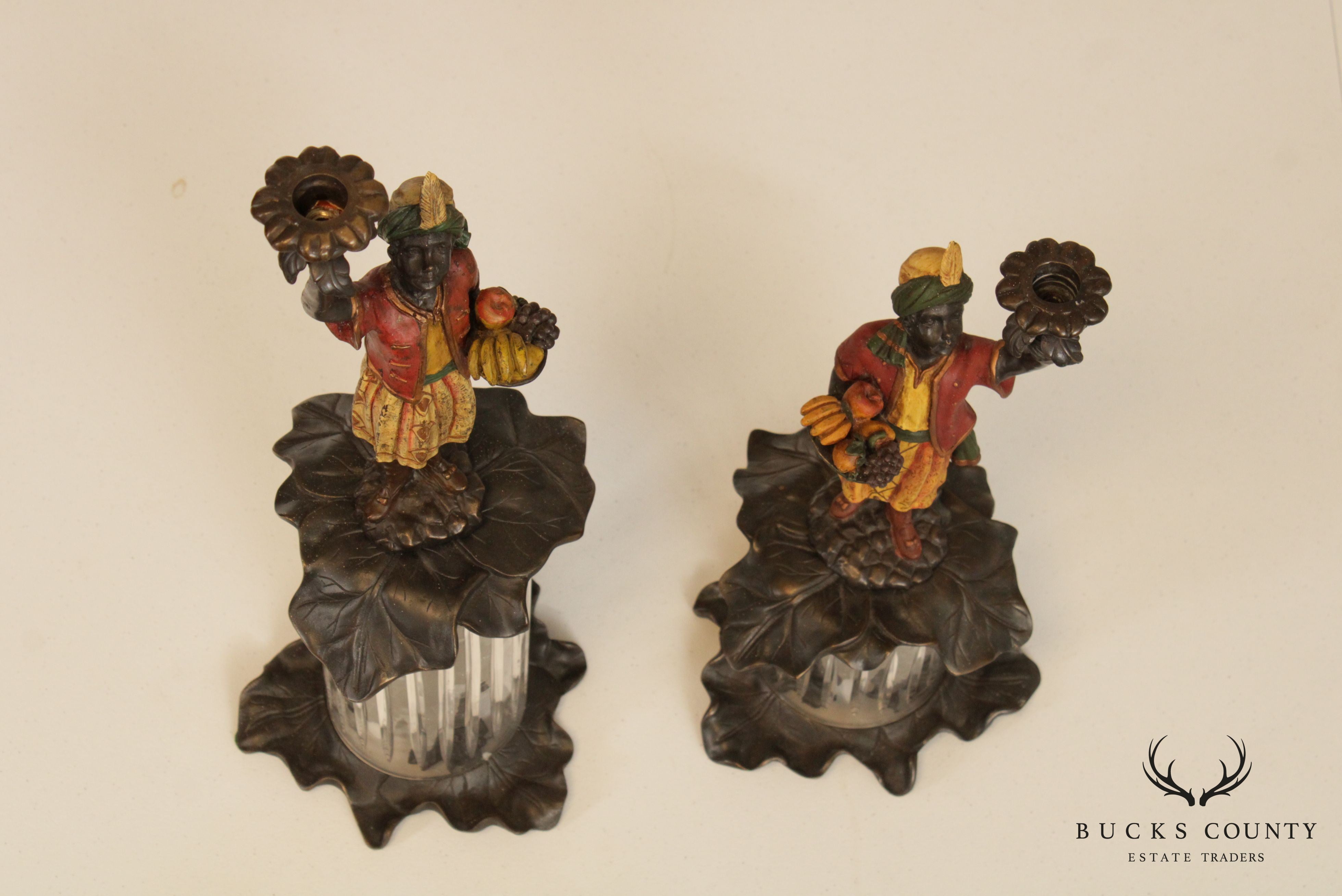 Quality Pair Painted Bronze Figural Candle Holders