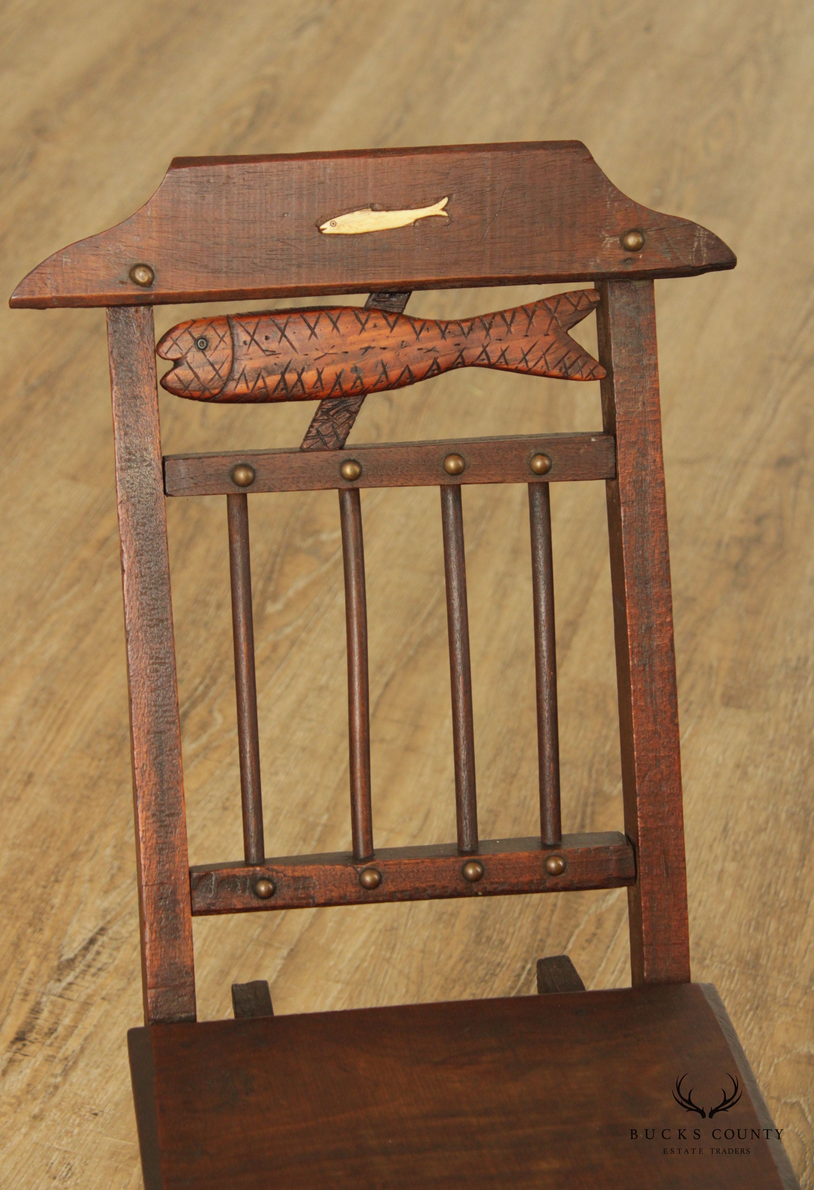 Antique 19th Century Walnut and Bone Child's Folding Fishing Chair