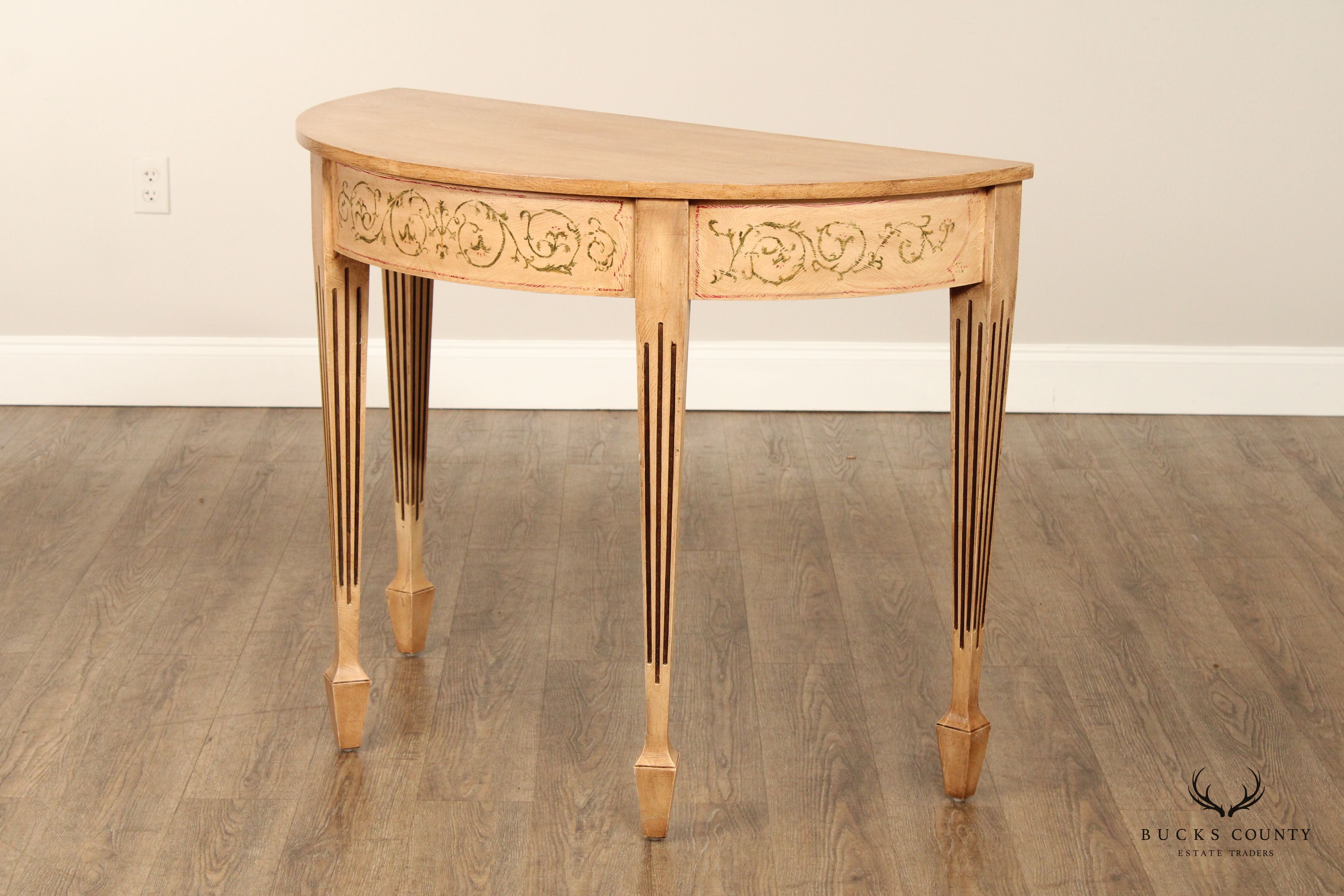 Adam Style Pair of Paint Decorated Demilune Console Tables