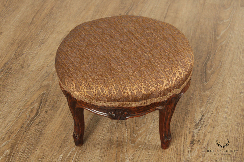 Victorian Style Round Carved And Upholstered Foot Stool