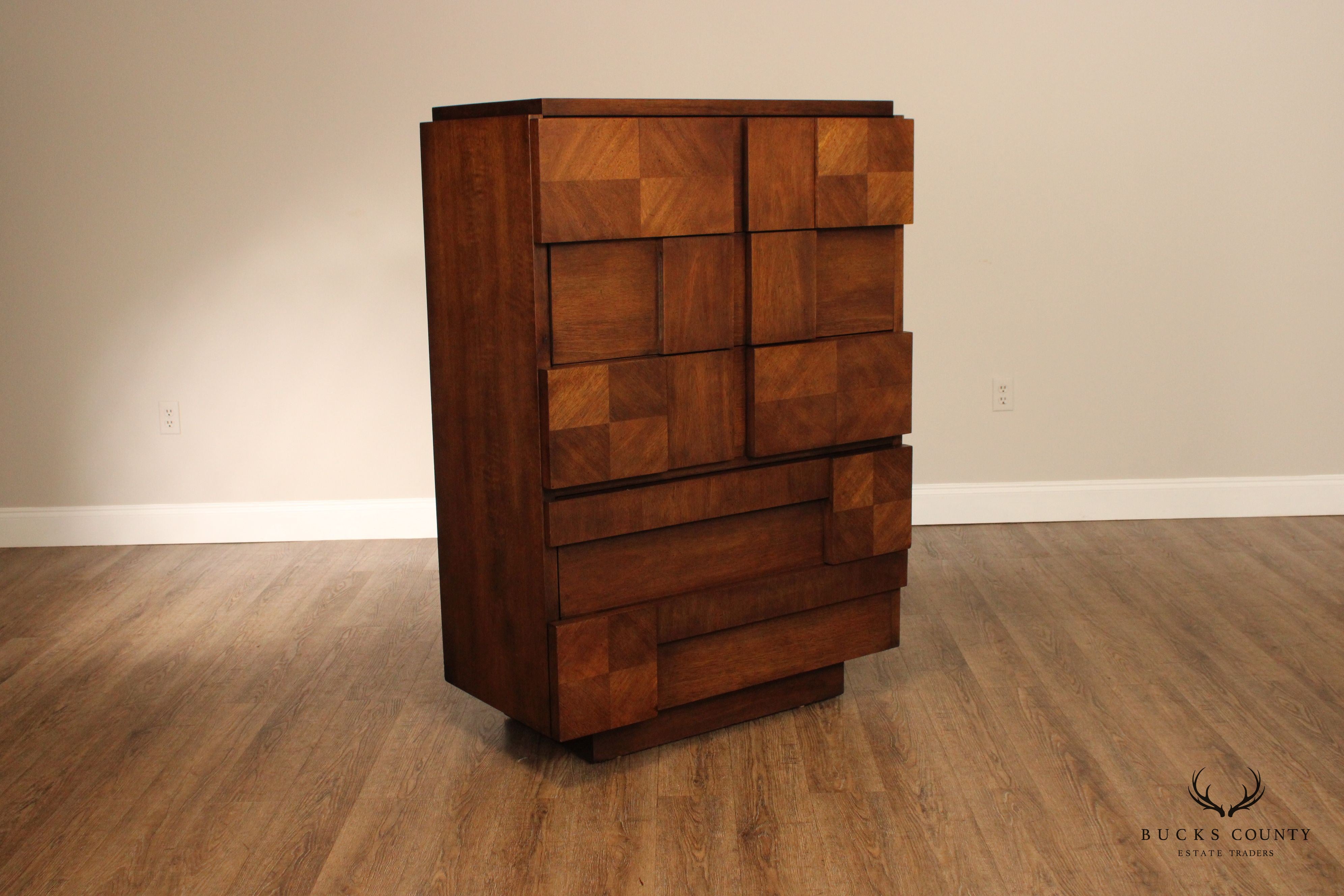 Lane Mid Century Brutalist Walnut Tall Chest of Drawers