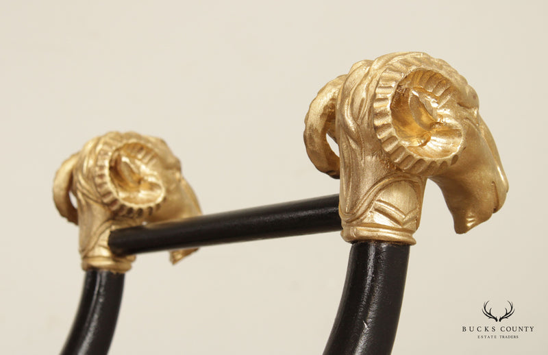 Regency Style Pair of Black and Gold Rams Head X-Base Benches