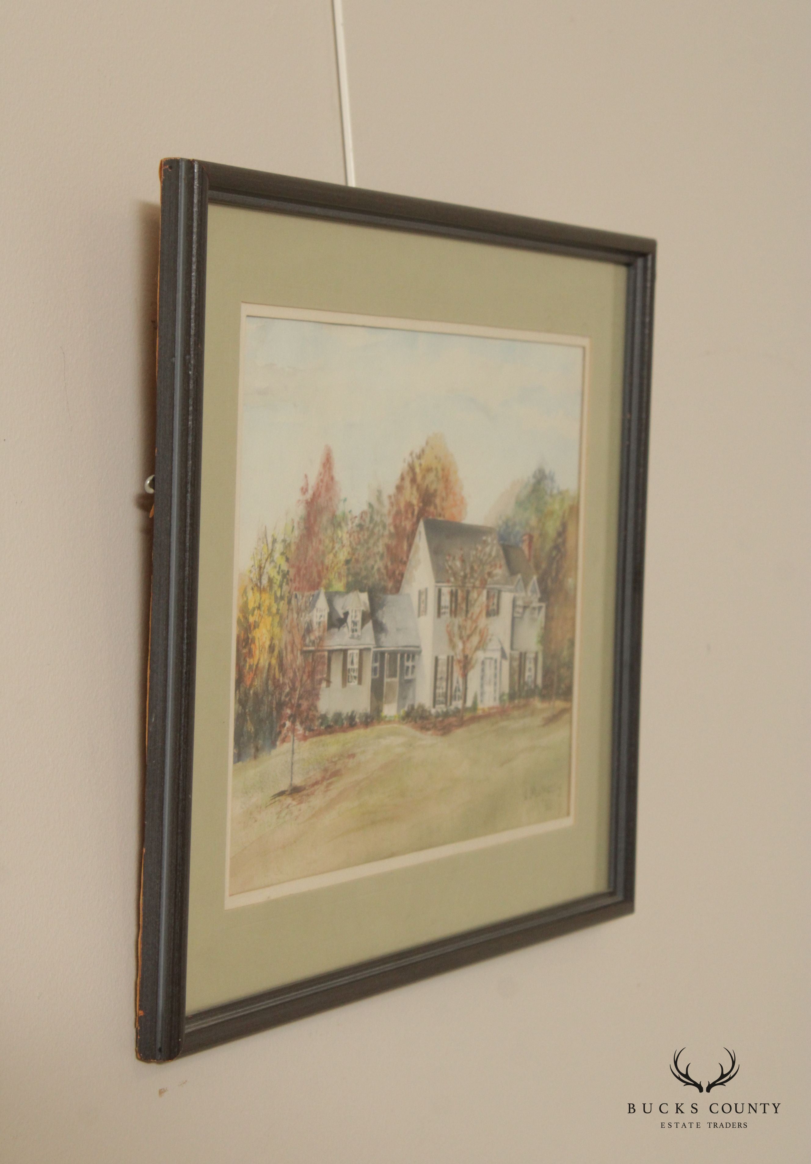 Vintage 20th C. New England House in Autumn Original Watercolor, Signed