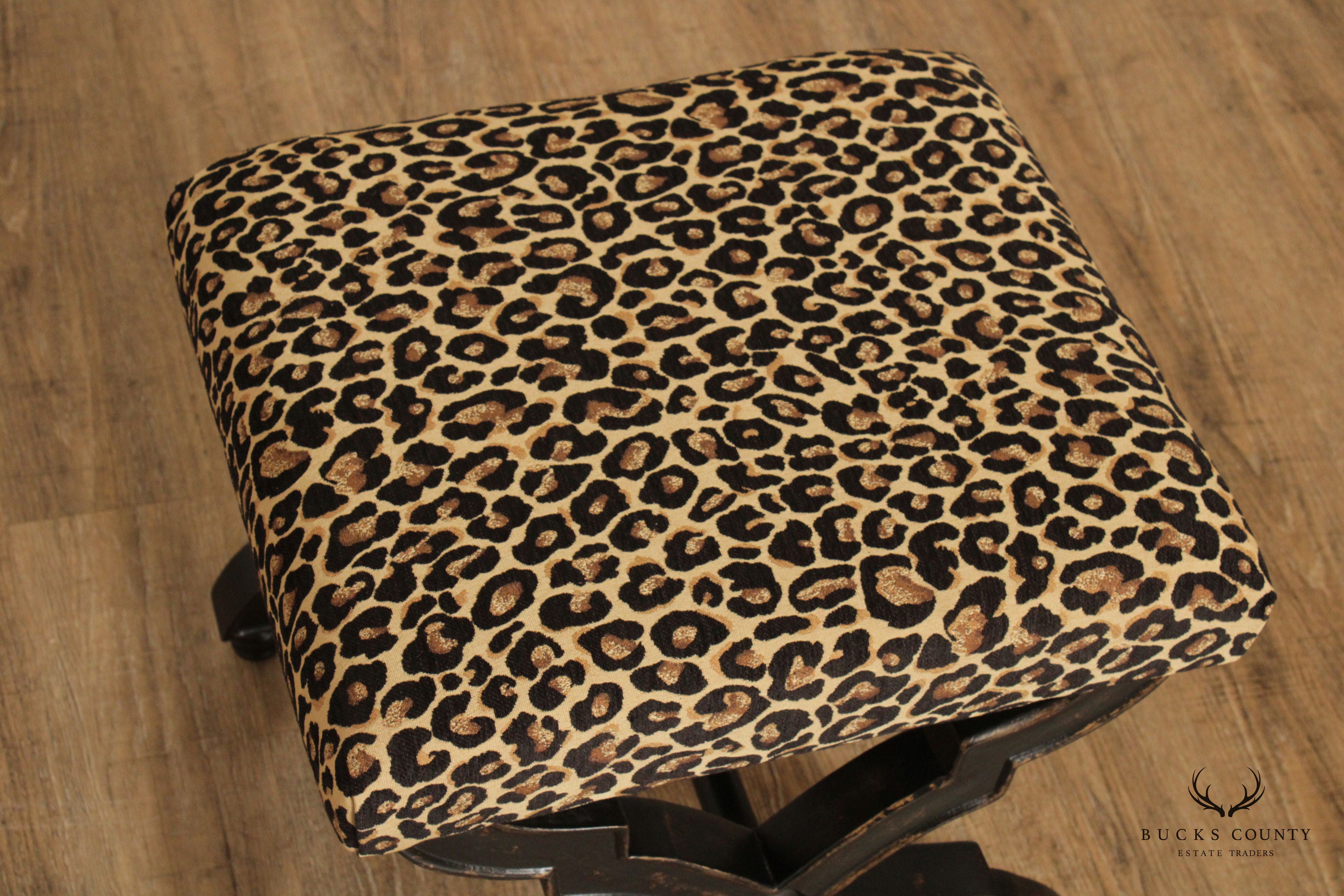 Regency Style Painted X-Frame Leopard Upholstered Ottoman Footstool