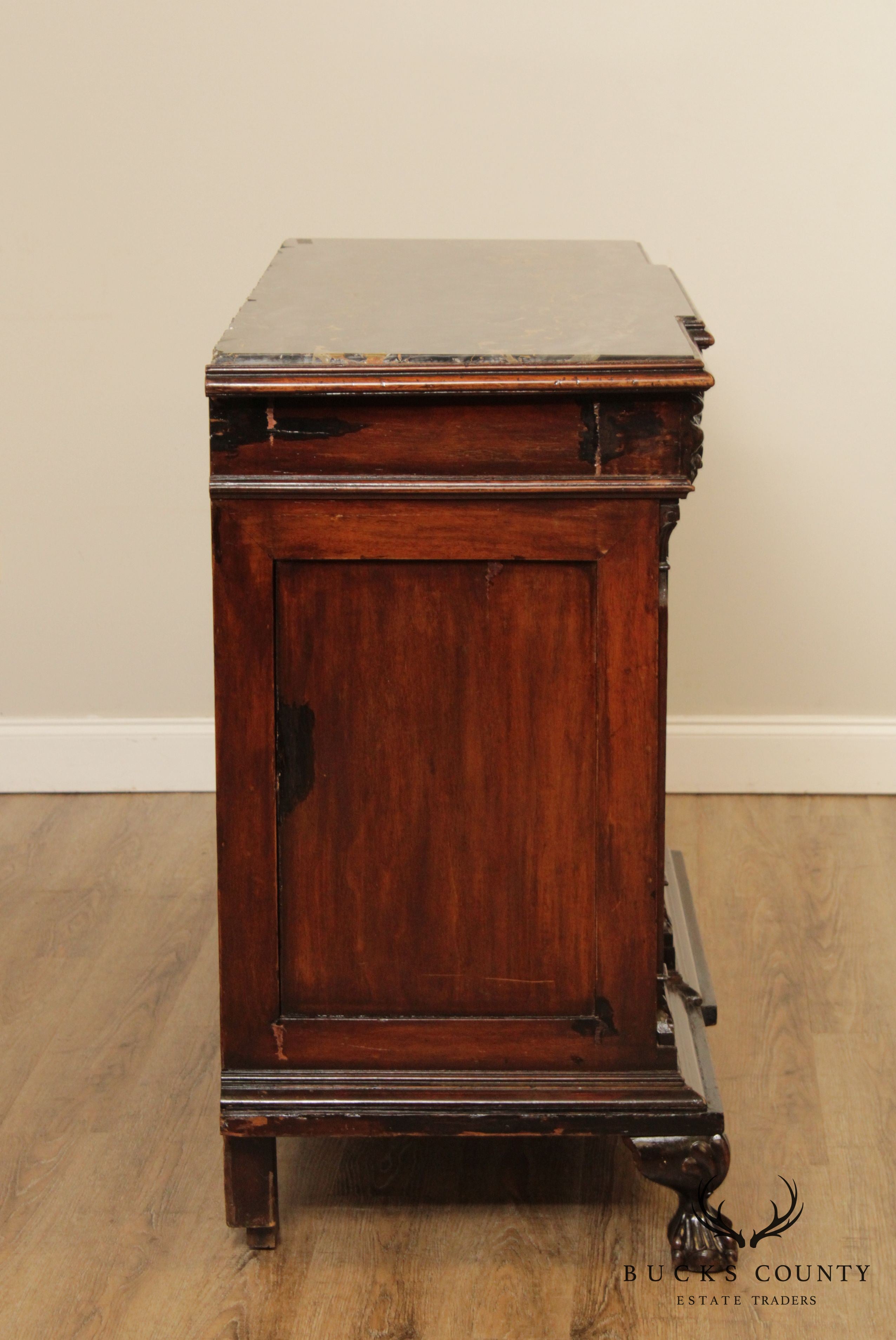 Antique Italian Renaissance Revival Carved Mahogany Marble Top Sideboard