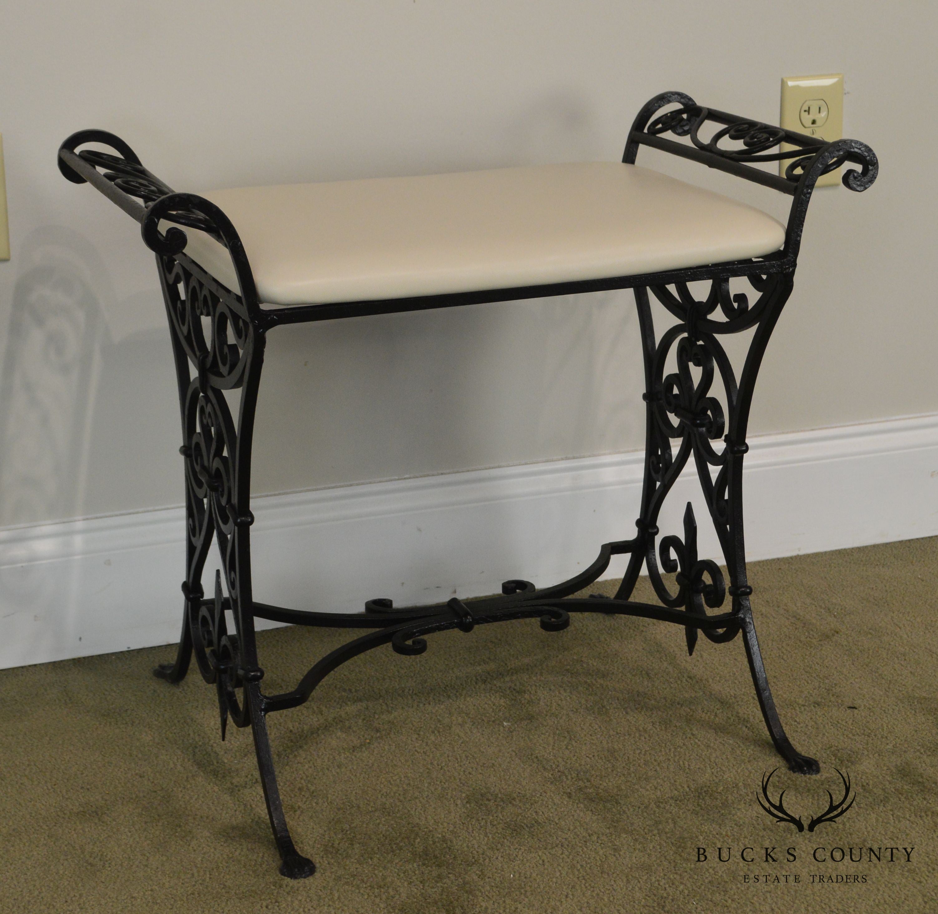 Wrought Iron Art Deco Period Vintage Leather Seat Bench